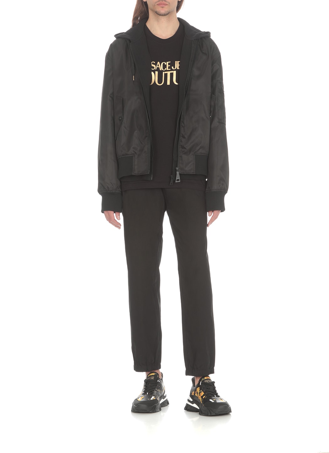 Versace Jeans Couture Cotton T-shirt With Metallic Gold Logo In Black