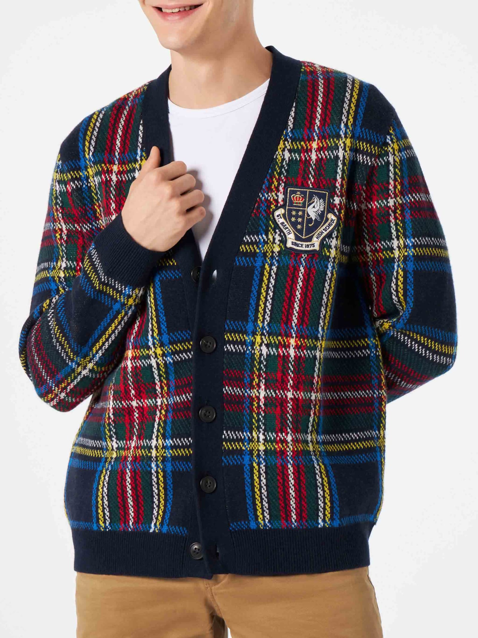 MC2 Saint Barth Man Tartan Knitted Cardigan With Patch