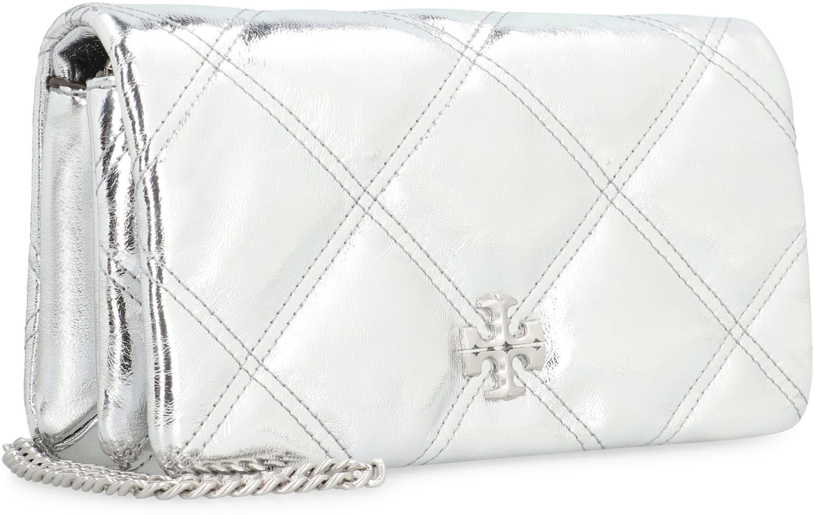 Tory Burch Kira Leather Wallet On Chain In Silver