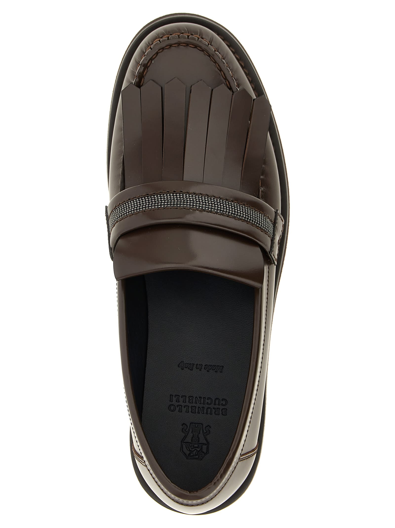 Brunello Cucinelli Bead-embellished Fringed Leather Loafers In Brown