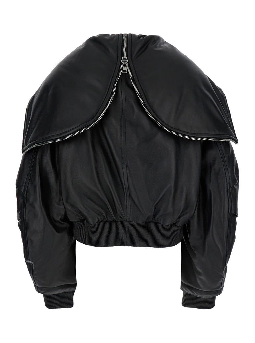 Shop Attico Black Bomber Jacket With Zipped Oversized Hood In Leather Woman