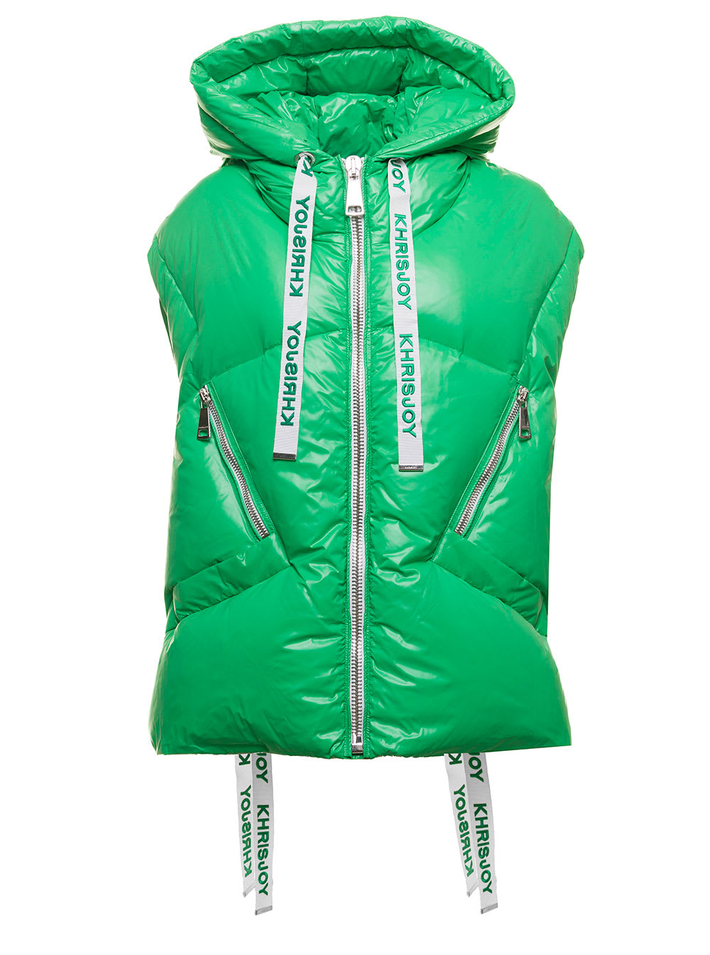 Khrisjoy Iconic Shiny Green Sleeveless Down Jacket In Patent Technical Fabric Woman