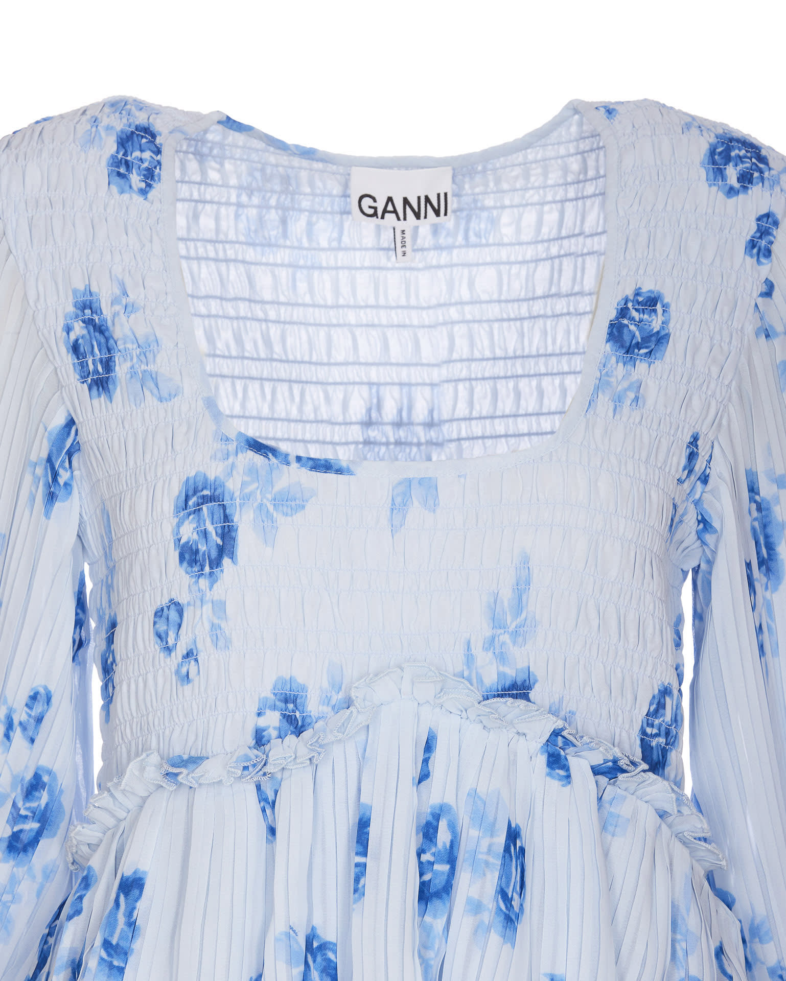Shop Ganni Pleated Georgette Flounce Smock Mini Dress In Blue