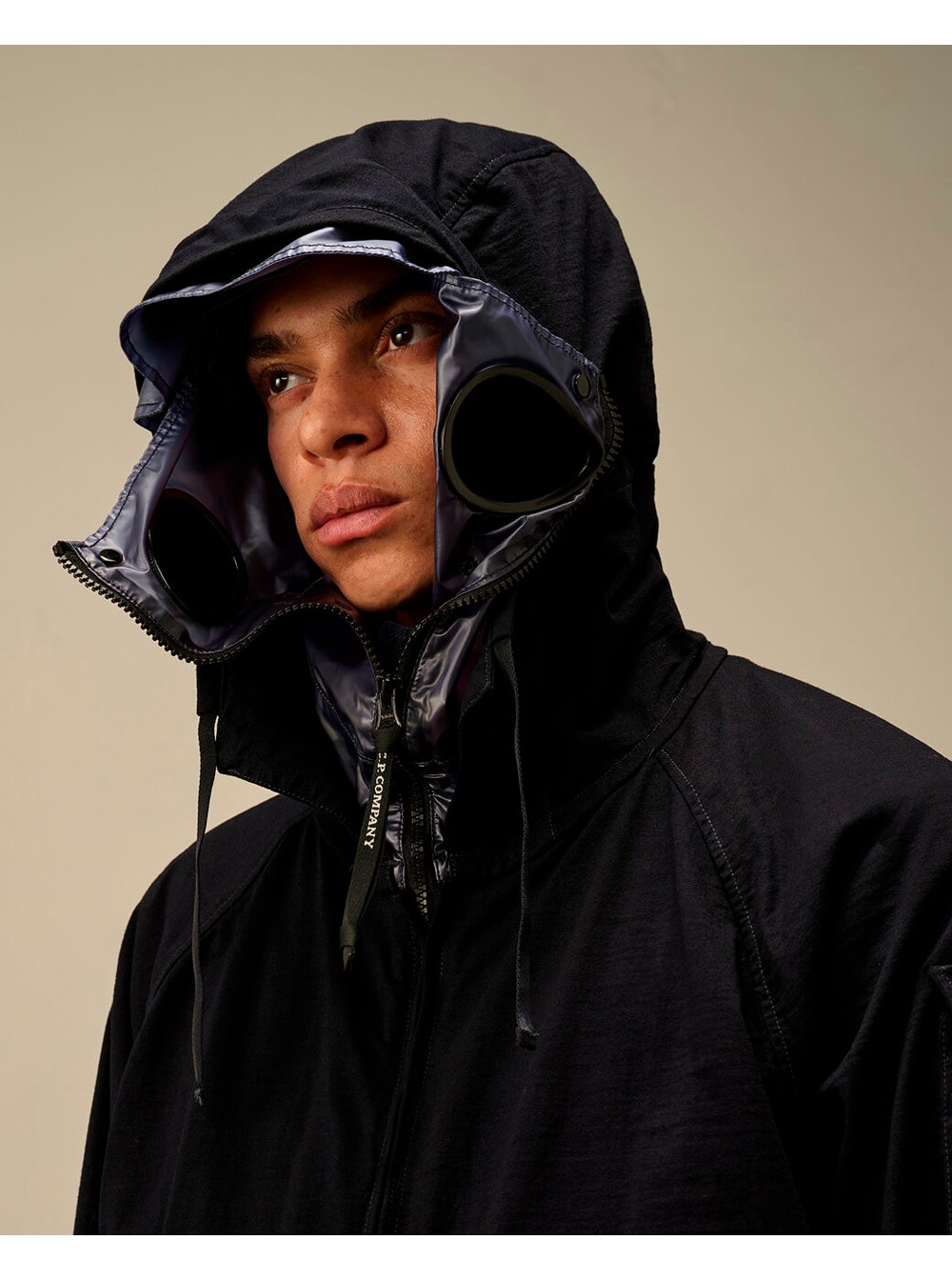 C.p. Company Blue Jacket With Explorer Hood And Adjustable Drawstring Waist In Tech Fabric Man