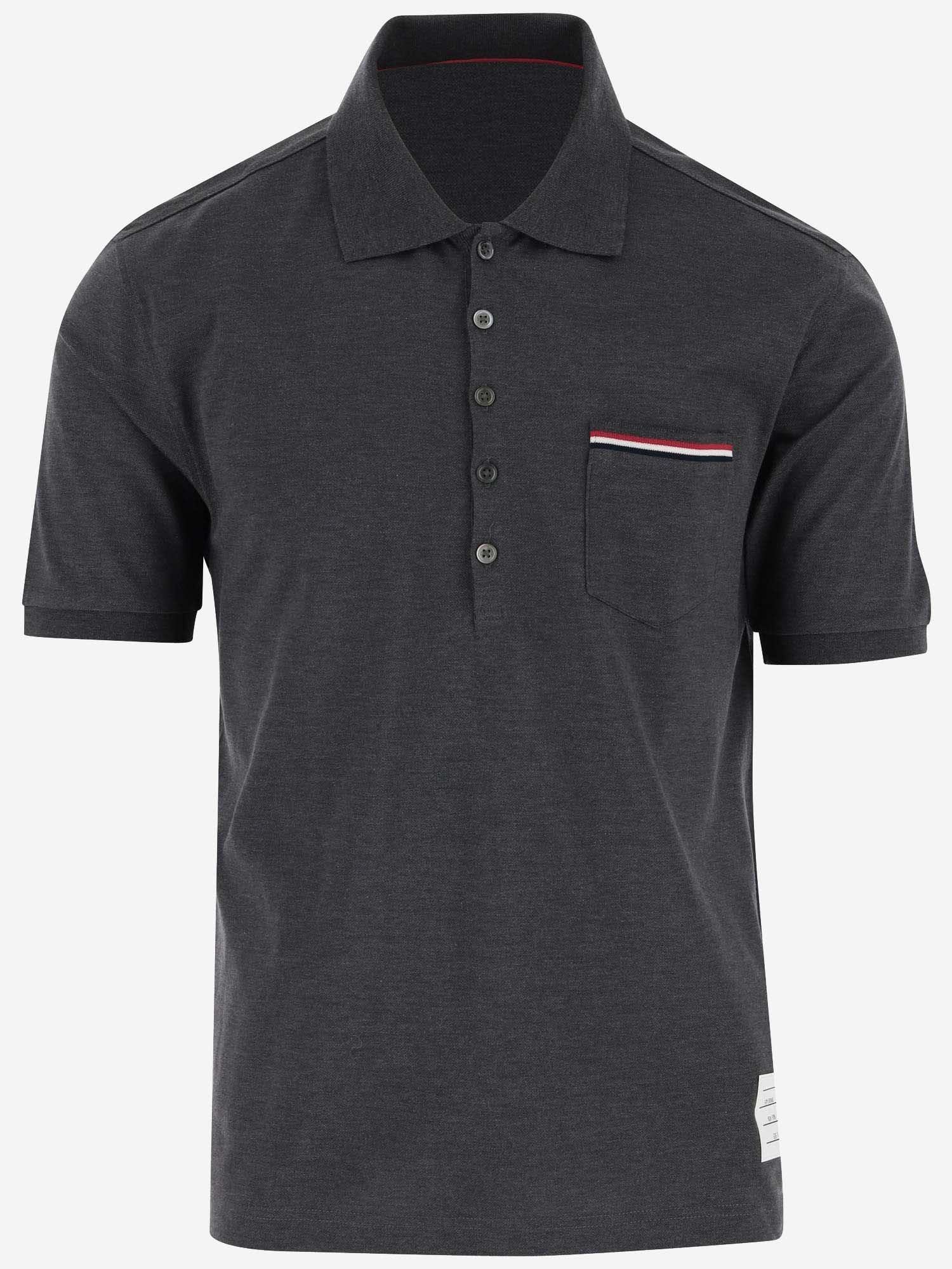 THOM BROWNE COTTON POLO SHIRT WITH TRICOLOR PATTERN