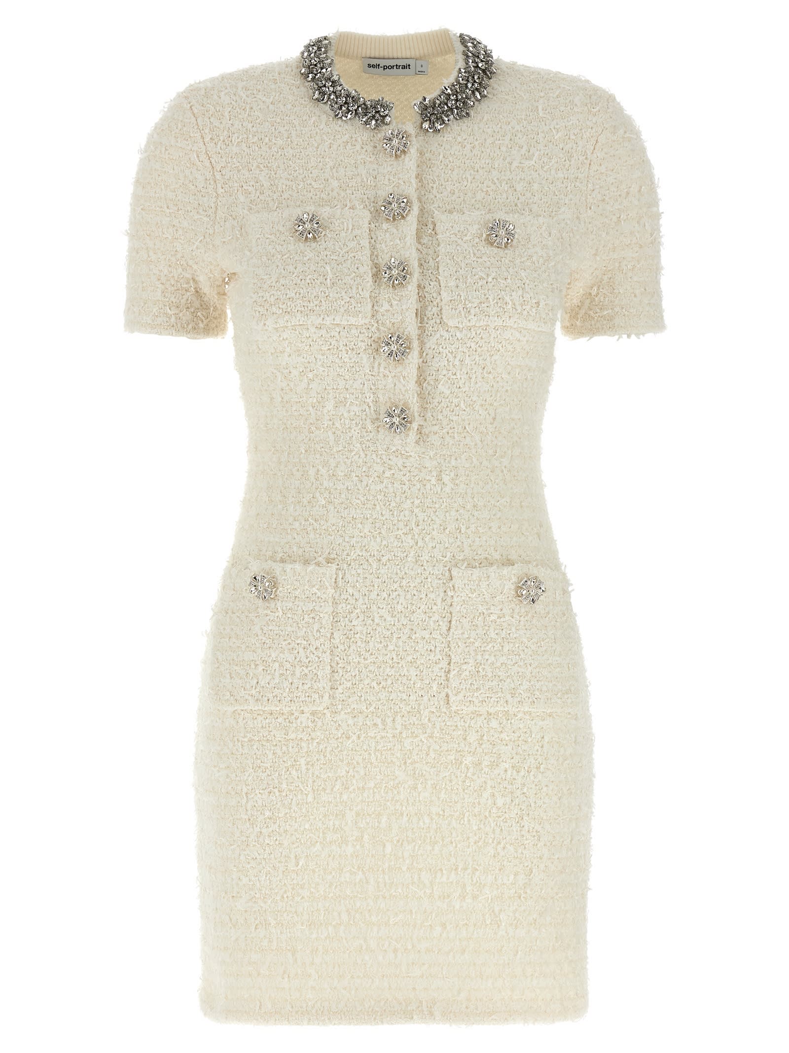 Self-portrait Mini Dress With Knit Tweed Texture And Crystal Accents In Neutral
