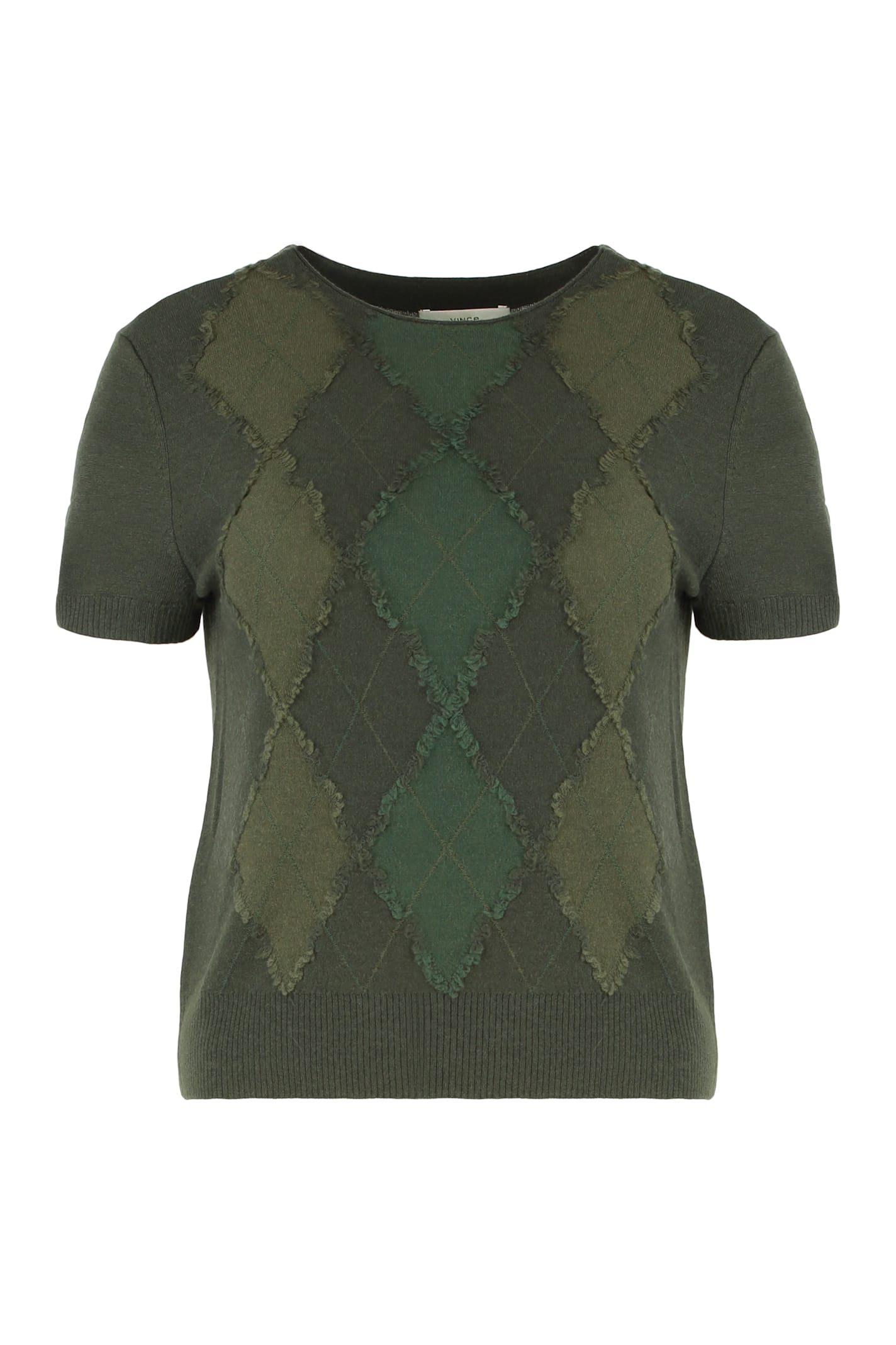 Vince Argyle Short-sleeve Sweater In A Wool Blend In Green