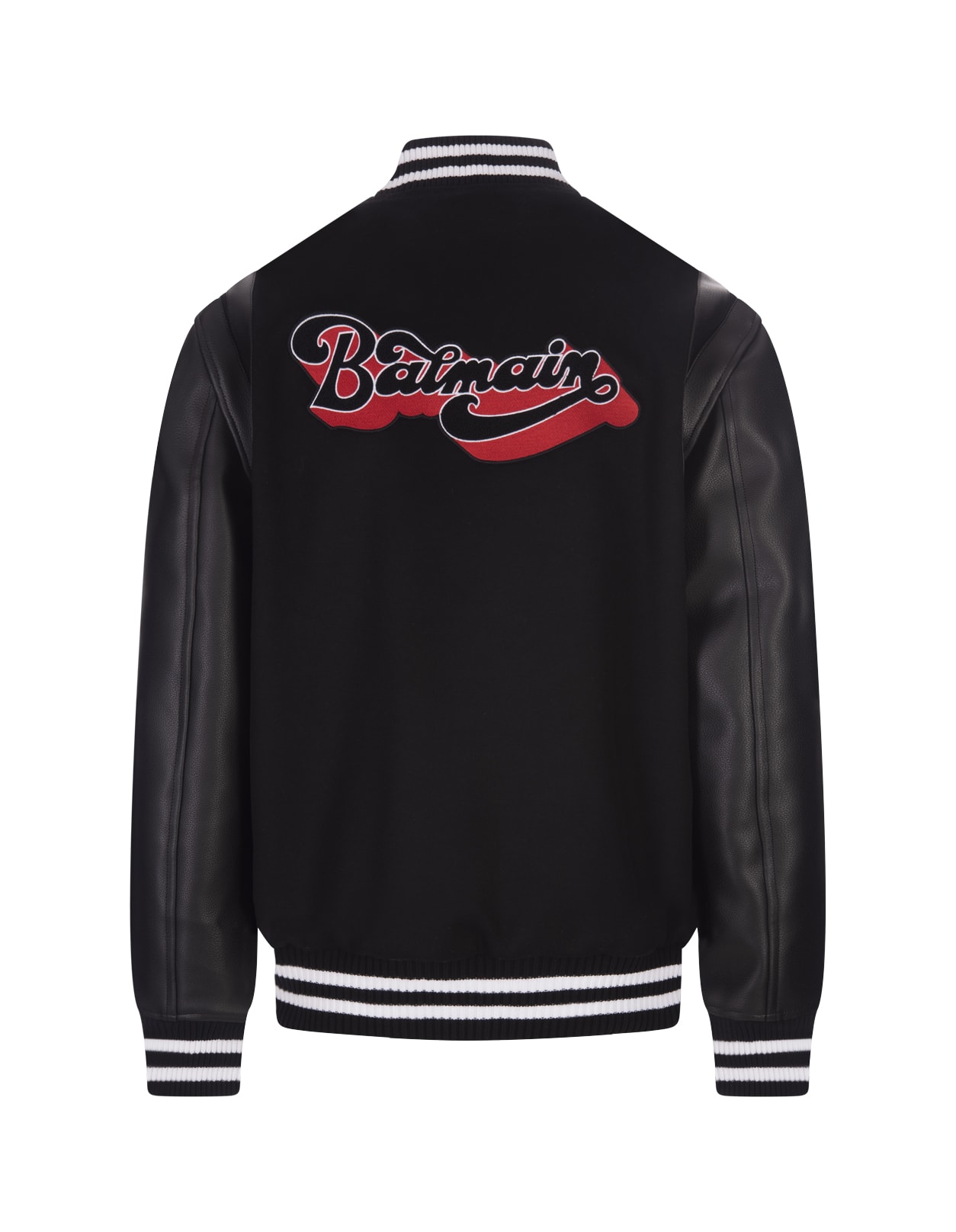 Shop Balmain Black Bomber Jacket In Wool And Leather