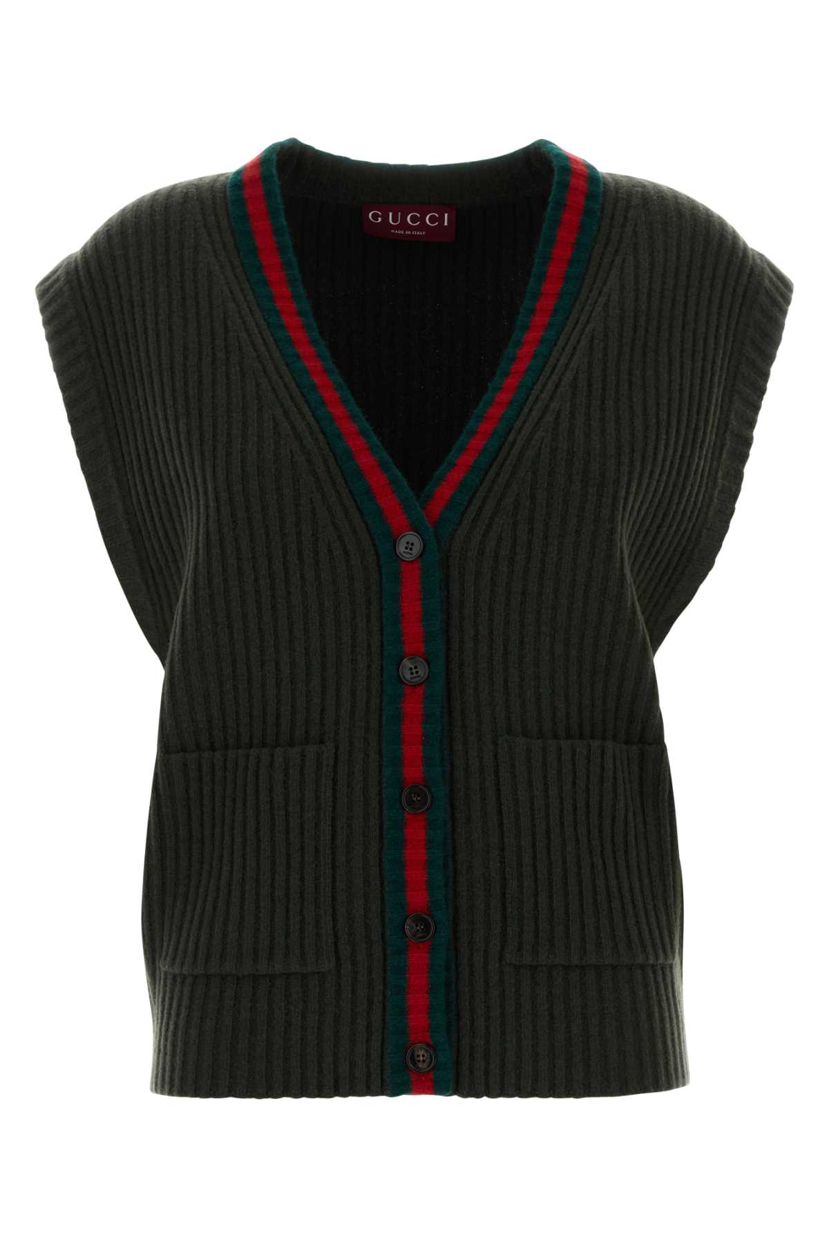 Gucci Wool Vest With Front Pockets And Ribbed Texture In Green