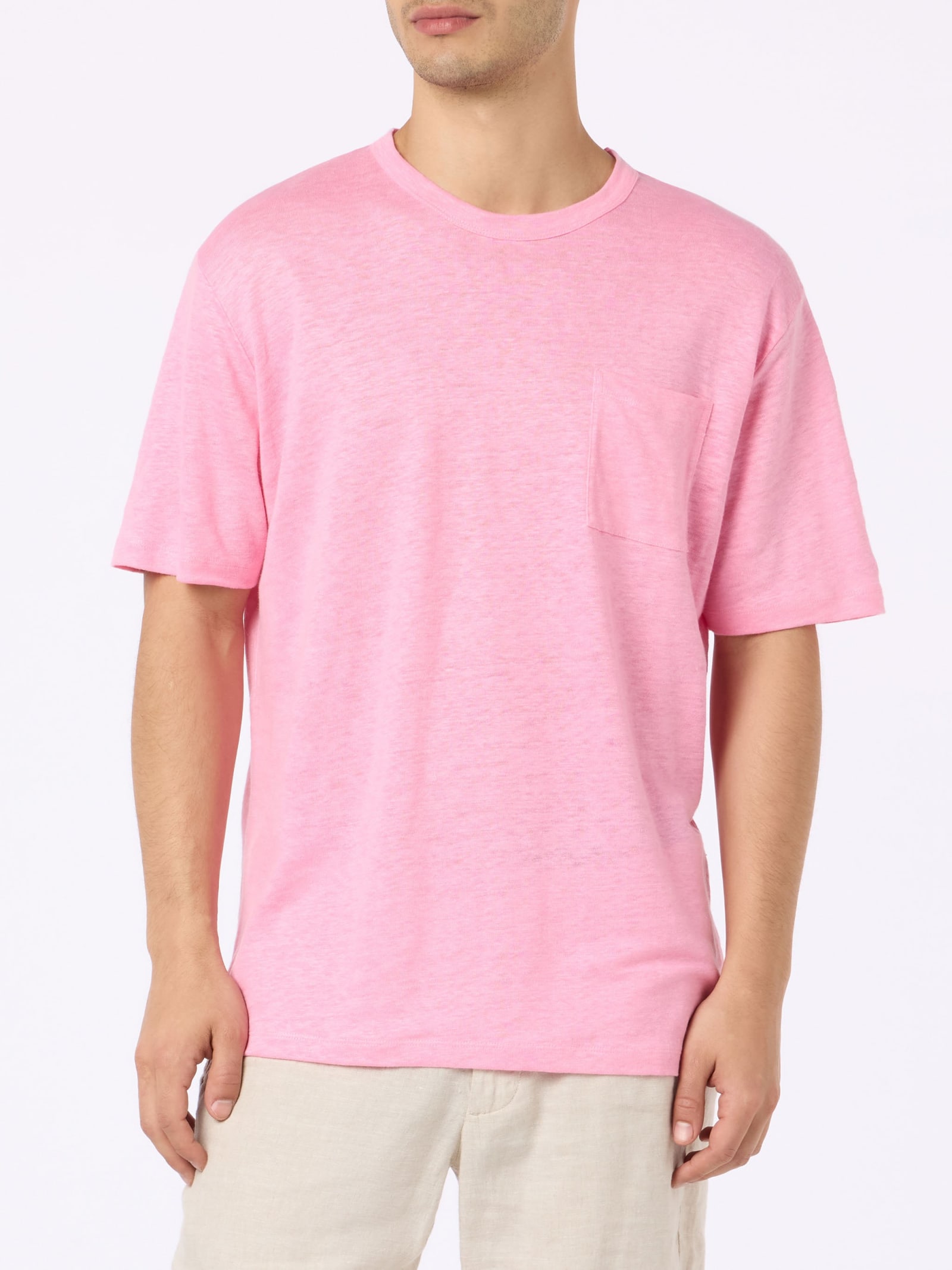 Mc2 Saint Barth Man Pink Linen Jersey T-shirt Ecstasea With Pocket In Pink