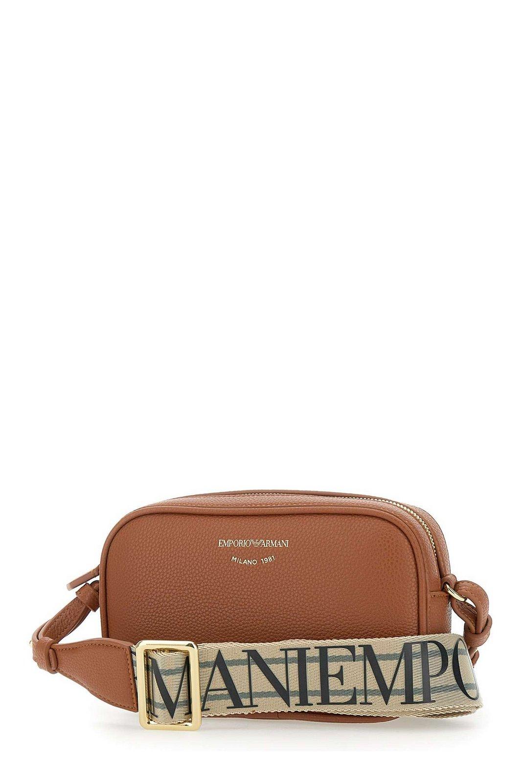 Emporio Armani Logo Detailed Zip-up Crossbody Bag In Leather Brown