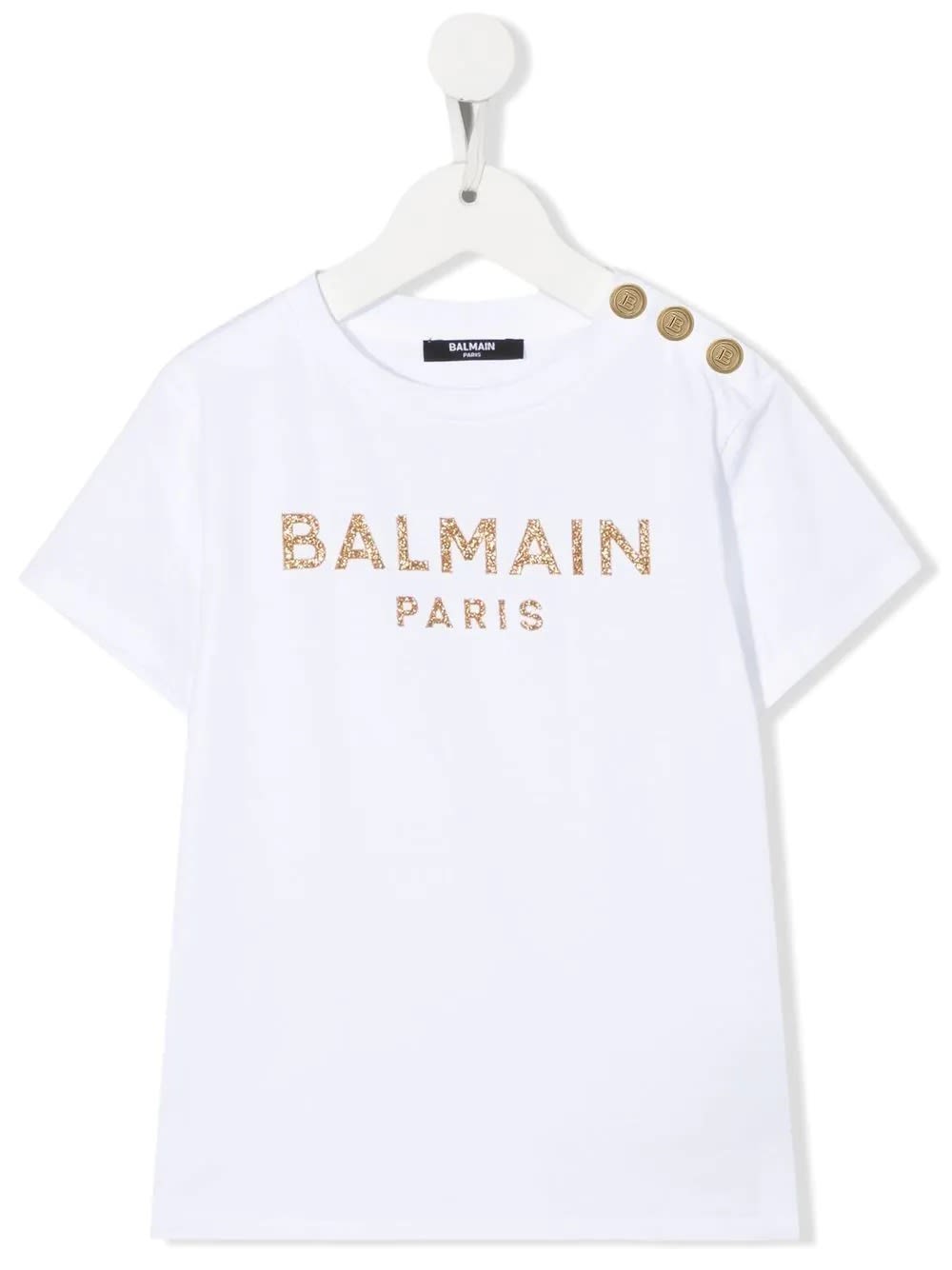Balmain White T-shirt With Gold Glitter Logo