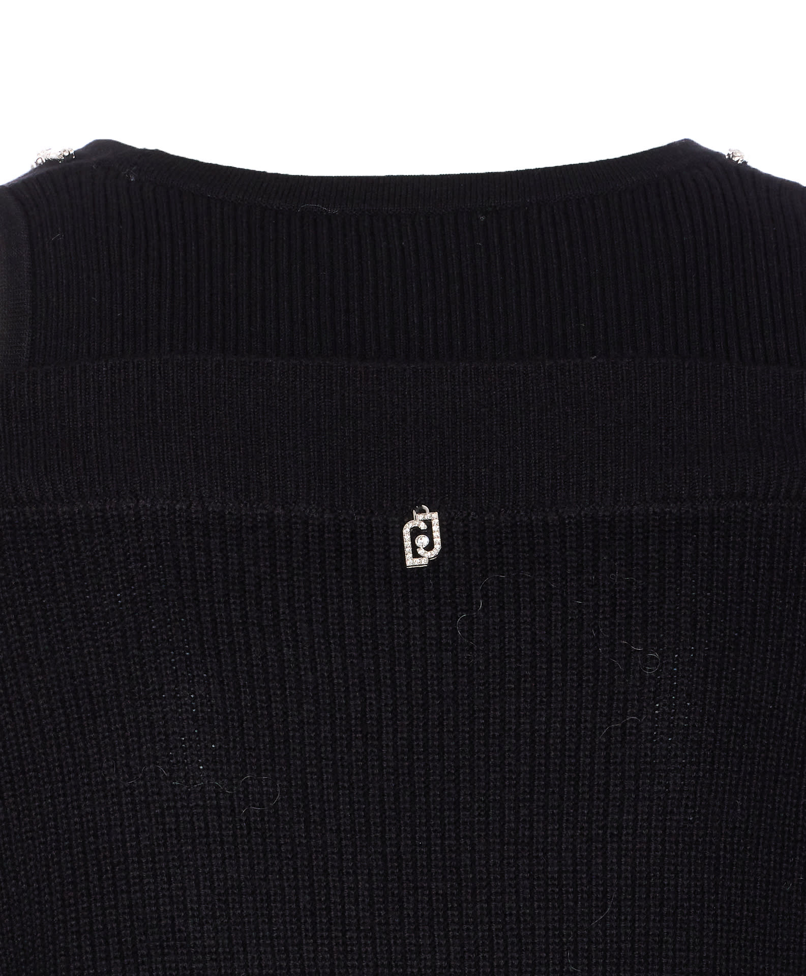 Liu •jo Off-shoulder Black Knit Sweater With Elegant Embellishments In Black