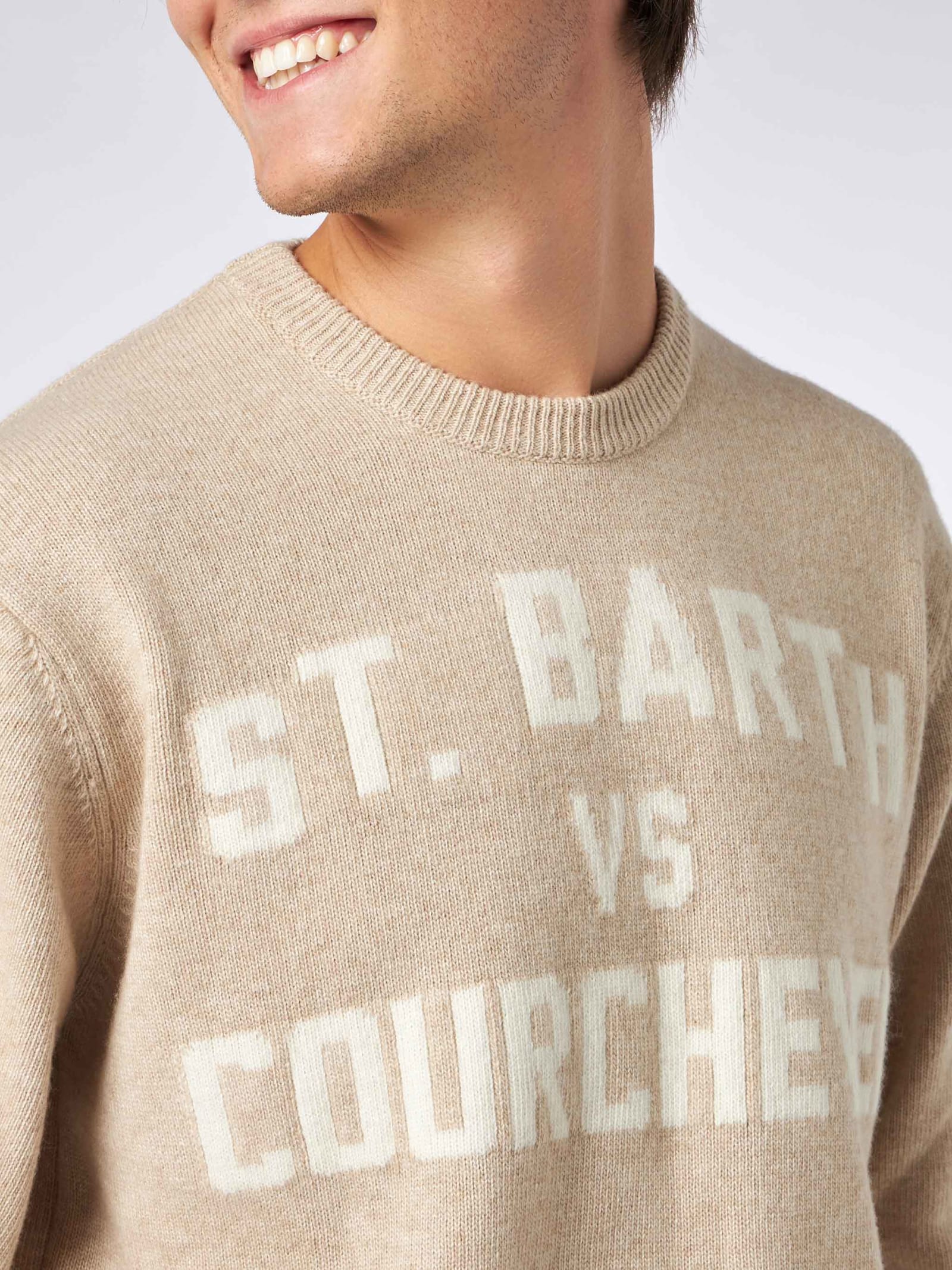 Mc2 Saint Barth Man Sweater With St. Barth Vs Courchevel Print In Beige