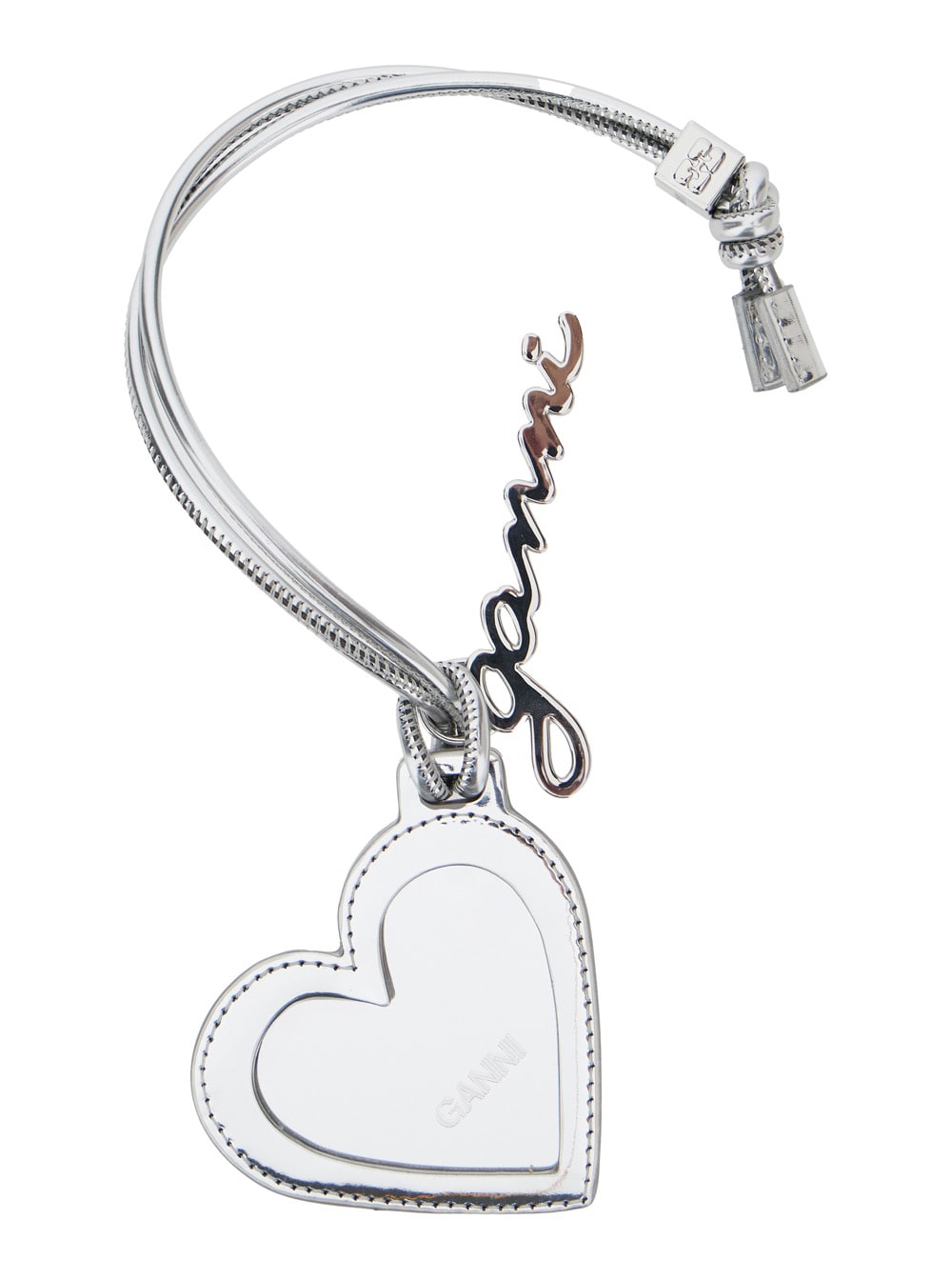 Ganni Bou Heart Metallic Mirror With Logo Lettering Pendant And Heart Charm In Metal Woman In Silver