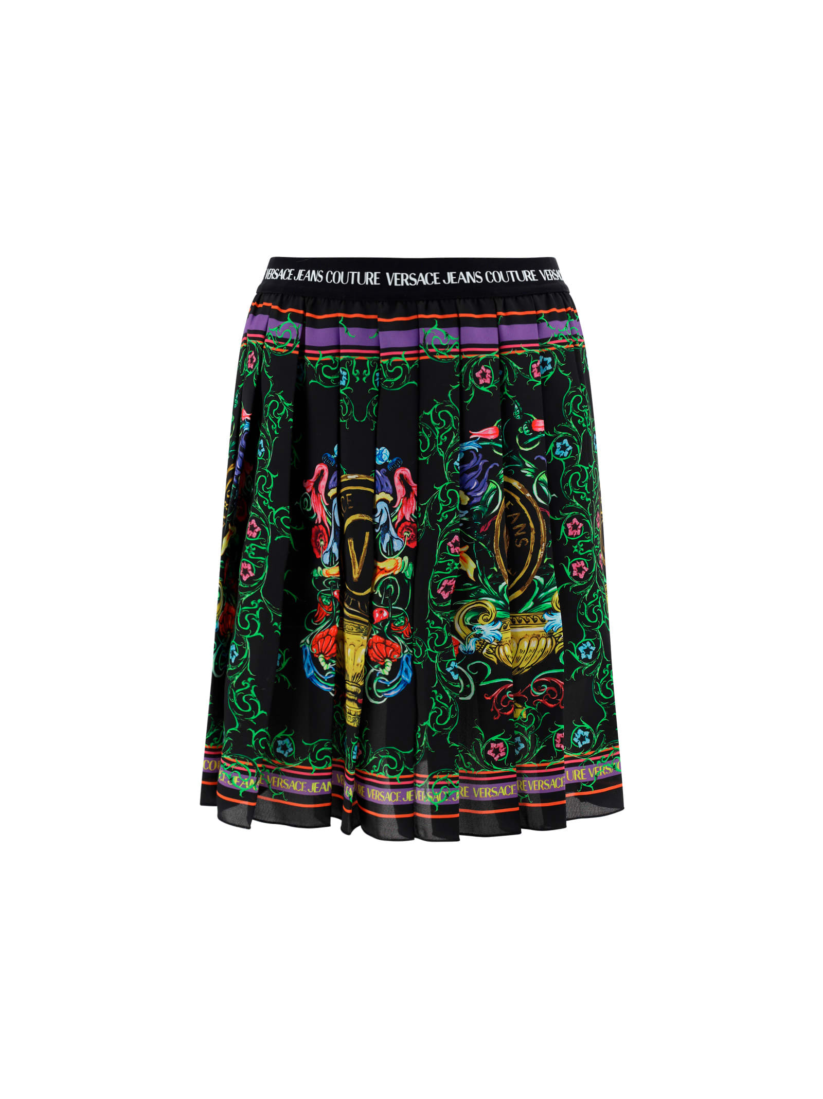 Versace Jeans Couture Graphic-print Pleated Mini Skirt In Black/gold