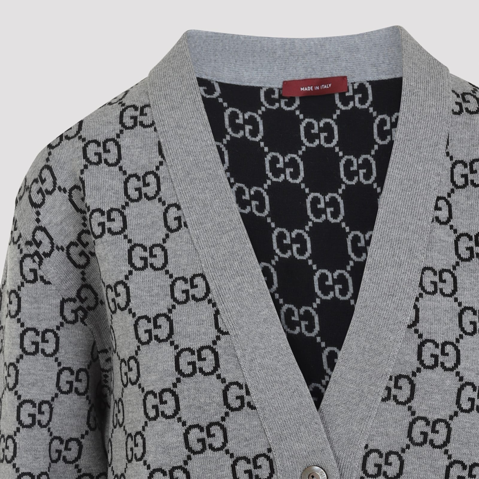Gucci Wool Jacquard Cardigan With Gg Shadow In Gray