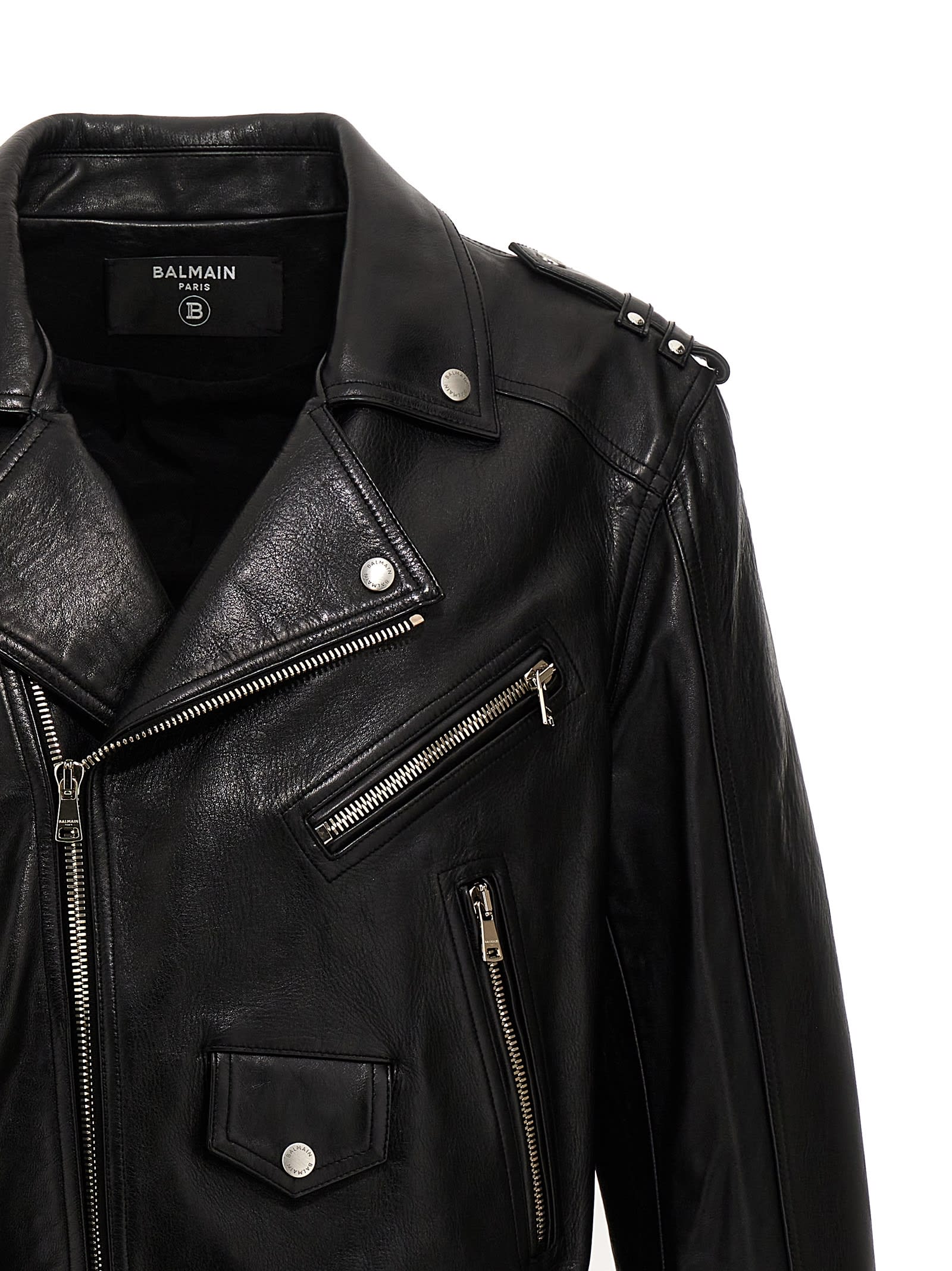 Shop Balmain Leather Biker Jacket In Black