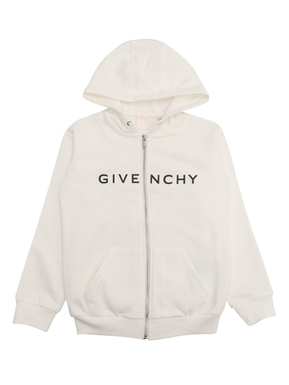 Shop Givenchy Logo-printed Drawstring Zip-up Hoodie In Bianco Sporco