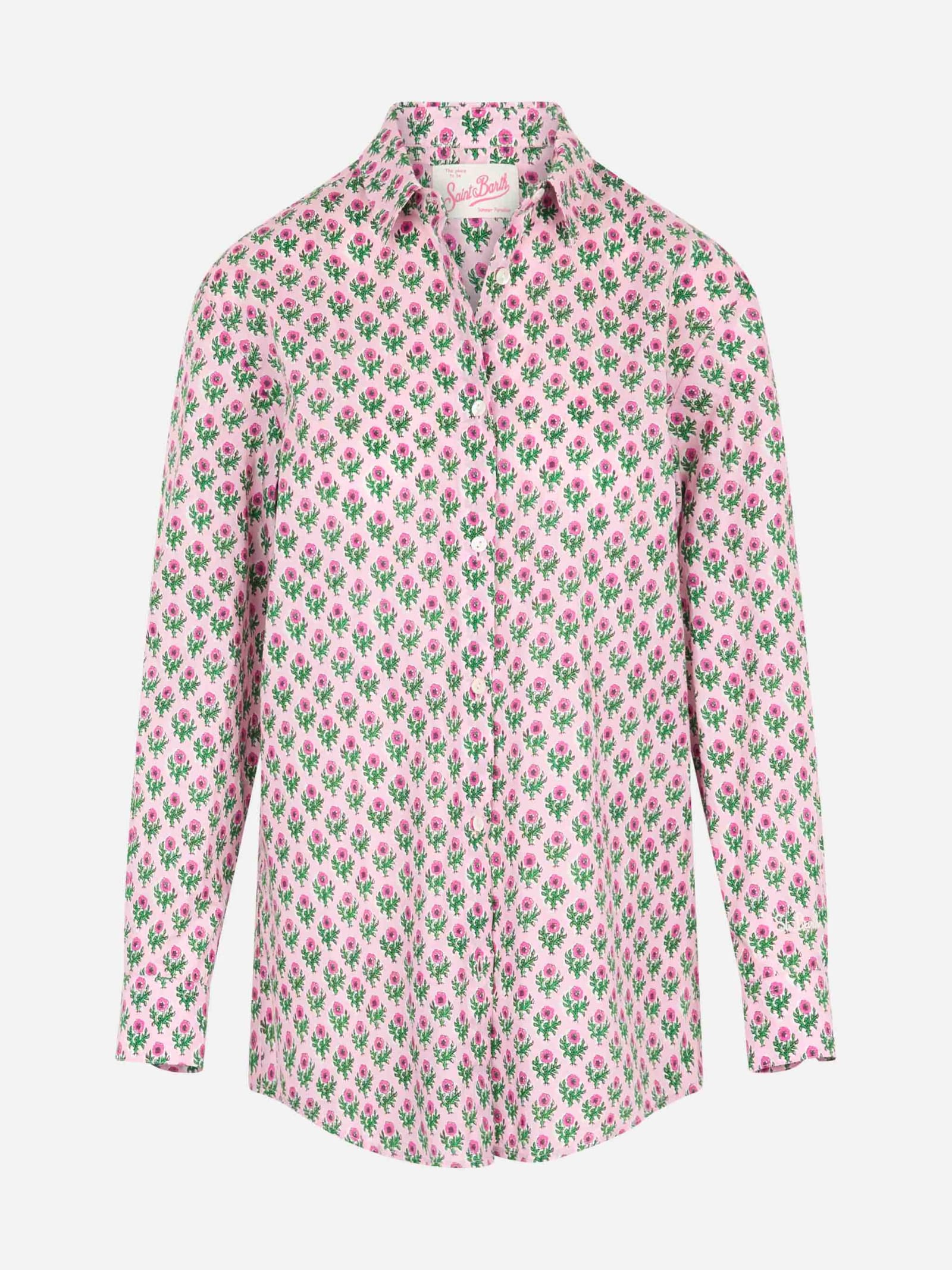 Shop Mc2 Saint Barth Woman Cotton Shirt Brigitte With Flower Print In Pink