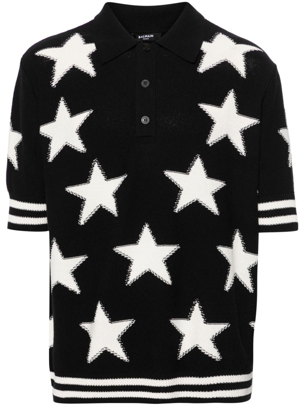 Two-toned Star Intarsia-knit Polo Shirt