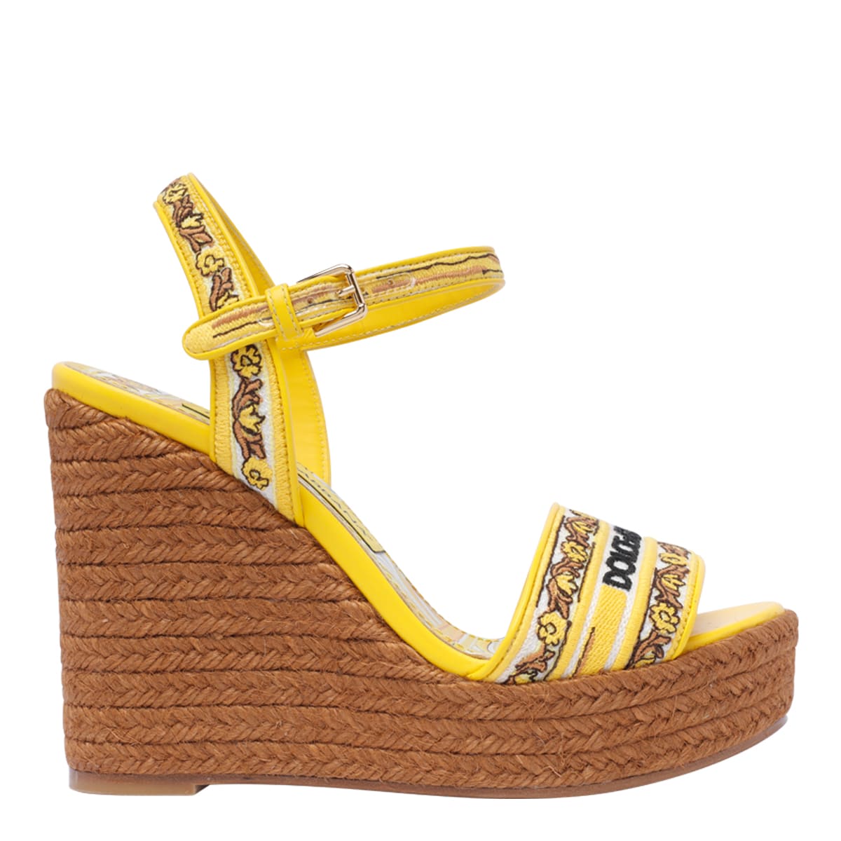 Shop Dolce & Gabbana Maiolica Print Logo Charmeuse Wedged Sandals In Giallo