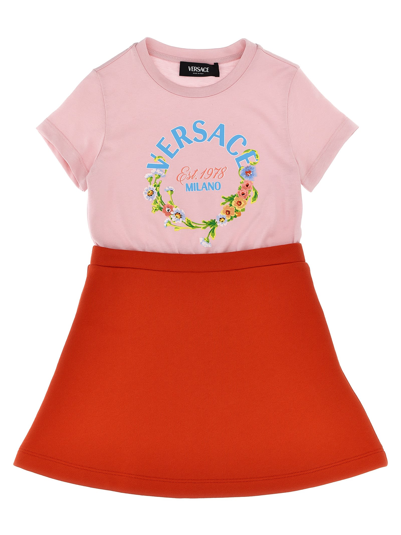 Versace Logo Cotton Jersey Dress In Multicolor