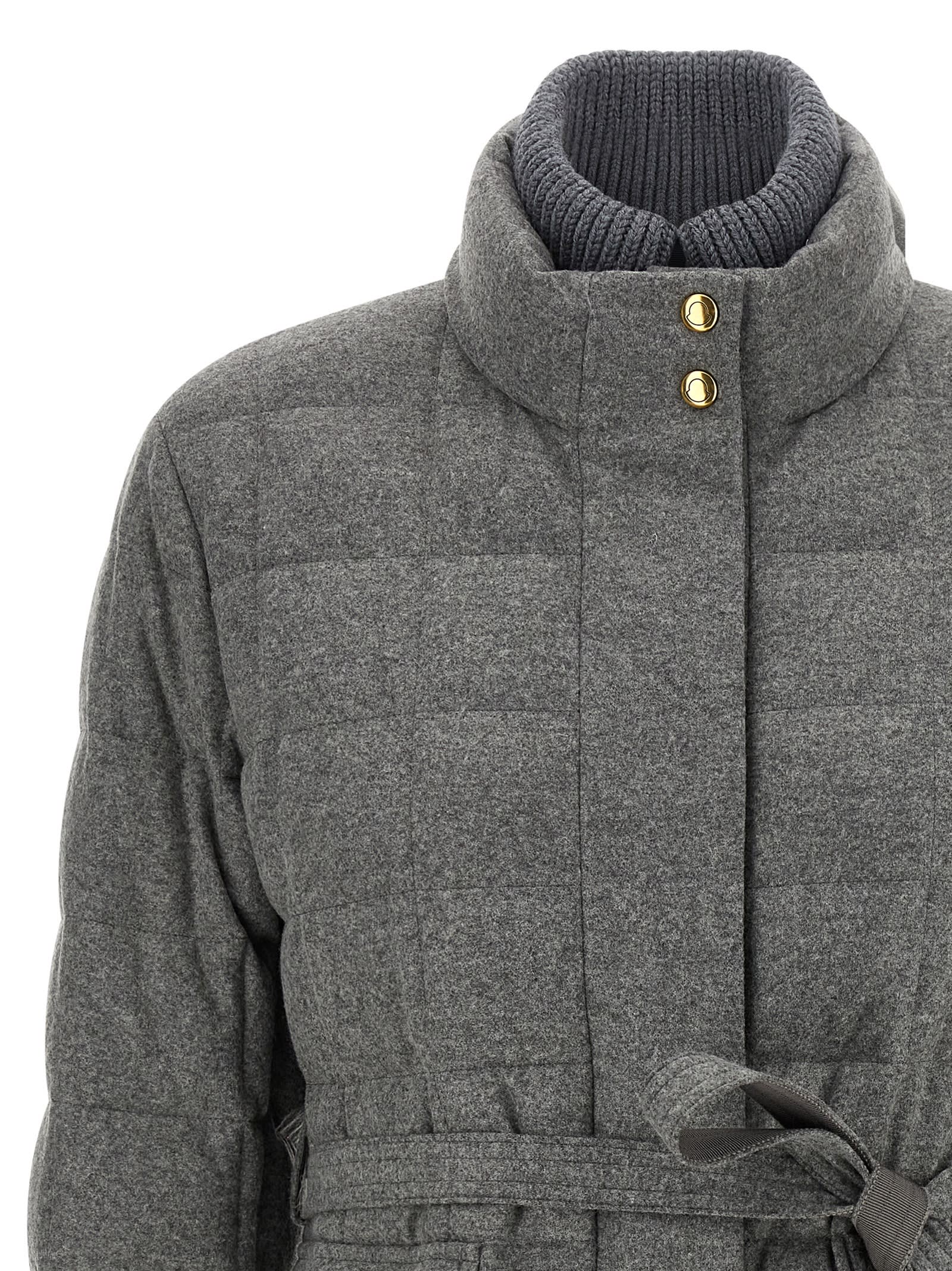 Moncler Women Bussettes Wool Blend Belted Short Down Jacket Grey In Gray