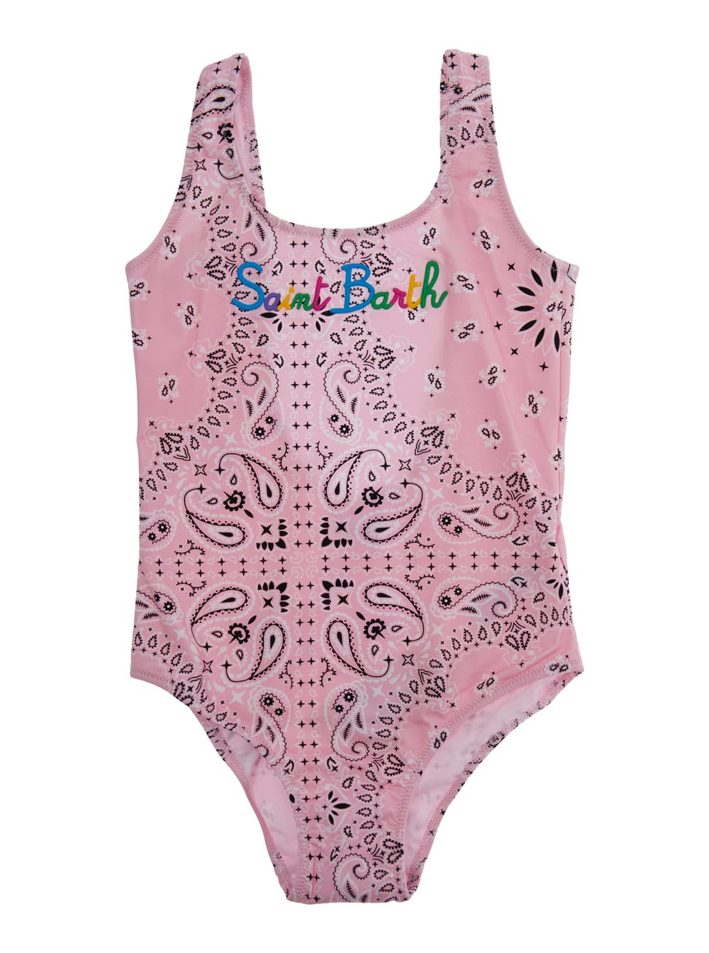Mc2 Saint Barth Cara Pink One-piece With Logo Patch On The Rear And All-over Print In Tech Fabric Stretch Girl In Pink