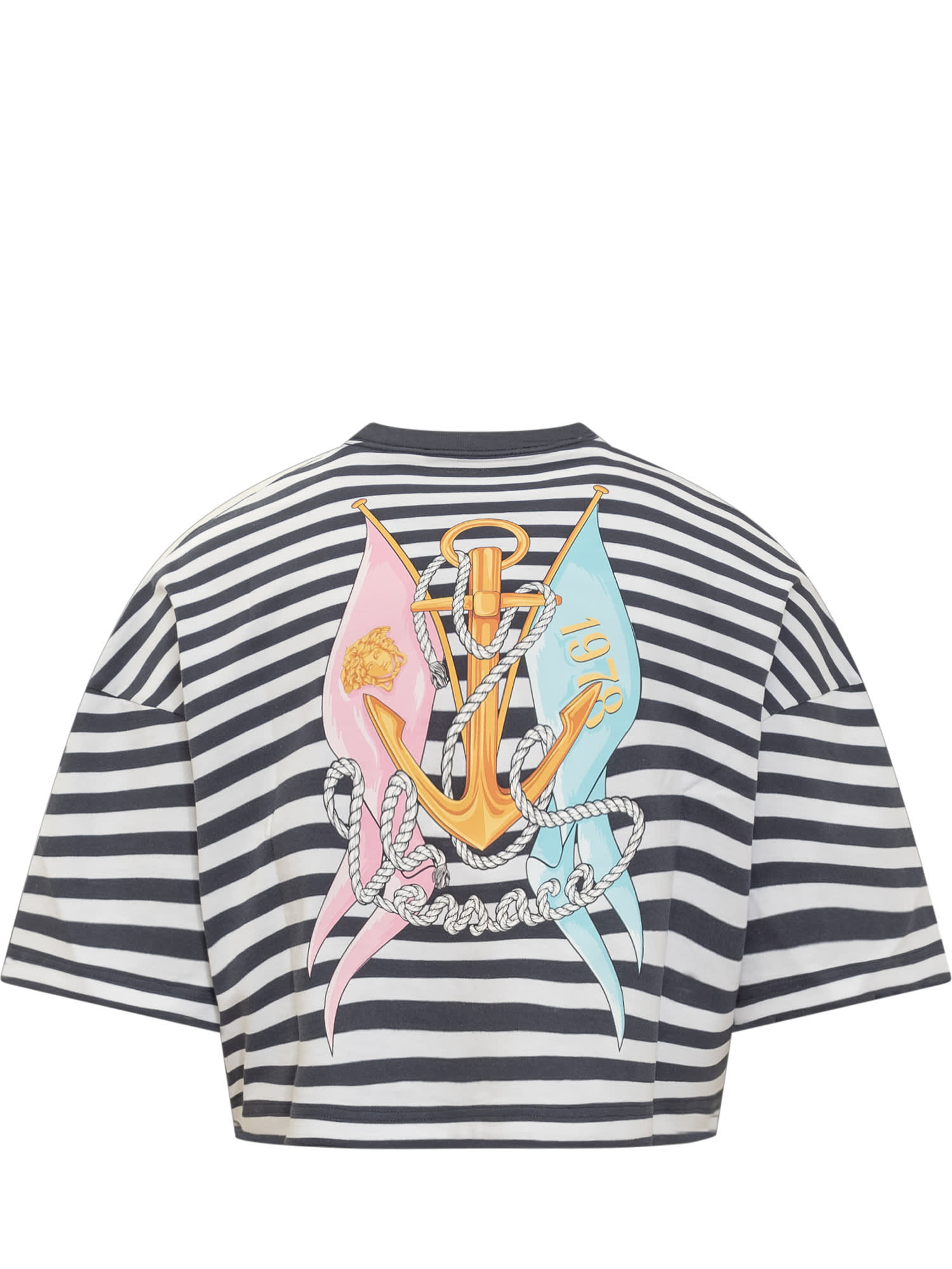 Shop Versace T-shirt In Bianco-navy-multicolor