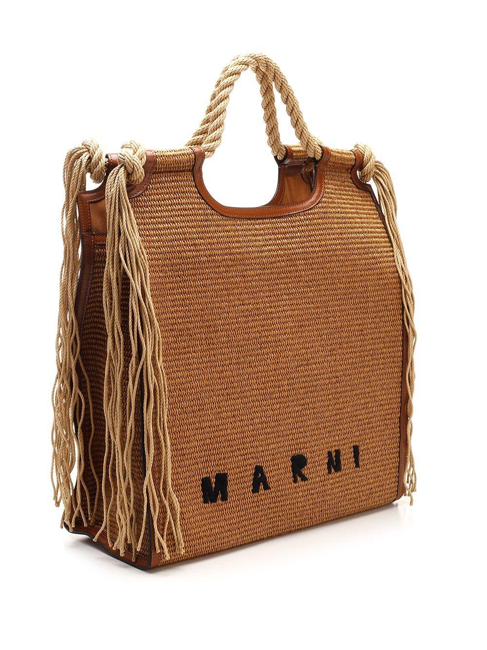 Shop Marni Marcel North-south Fringed Tote Bag In Marrone