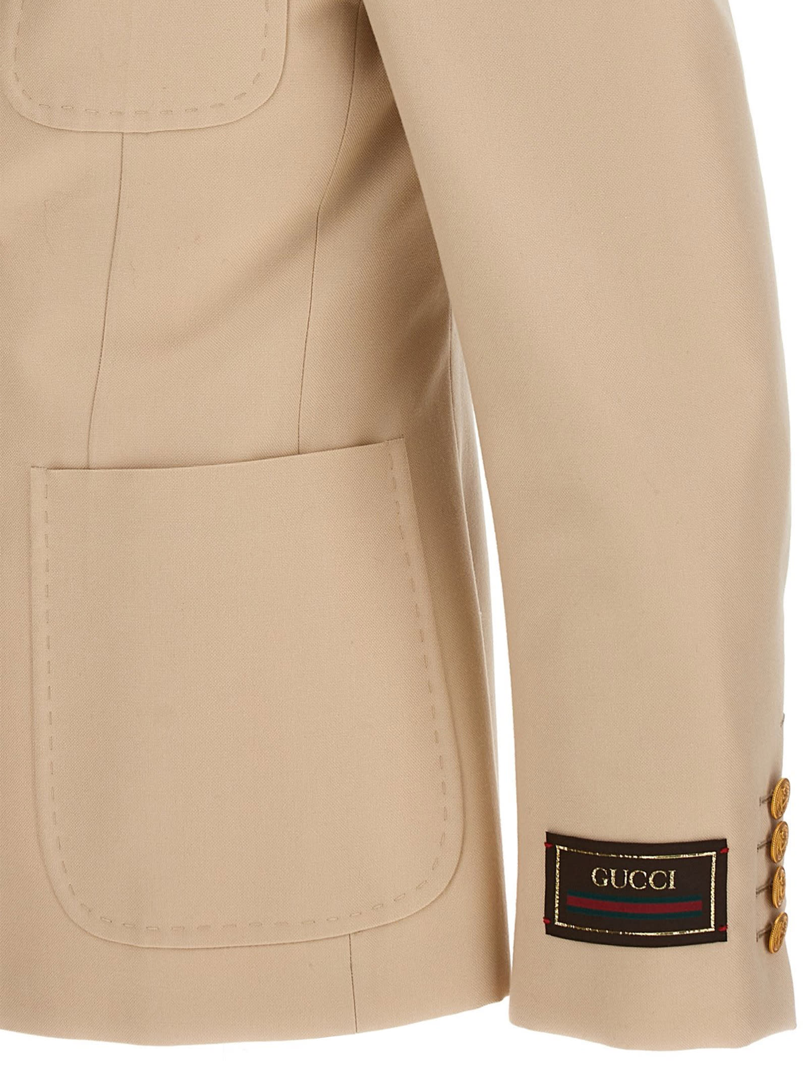 Shop Gucci Cotton Double Breast Blazer Jacket In Beige