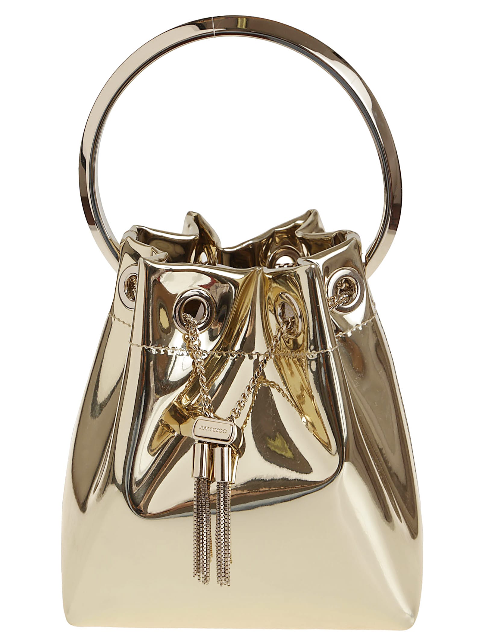 Jimmy Choo Shiny Mirror-effect Bon Bon Bag With Chain Drawstring And Metal Handle In Gold