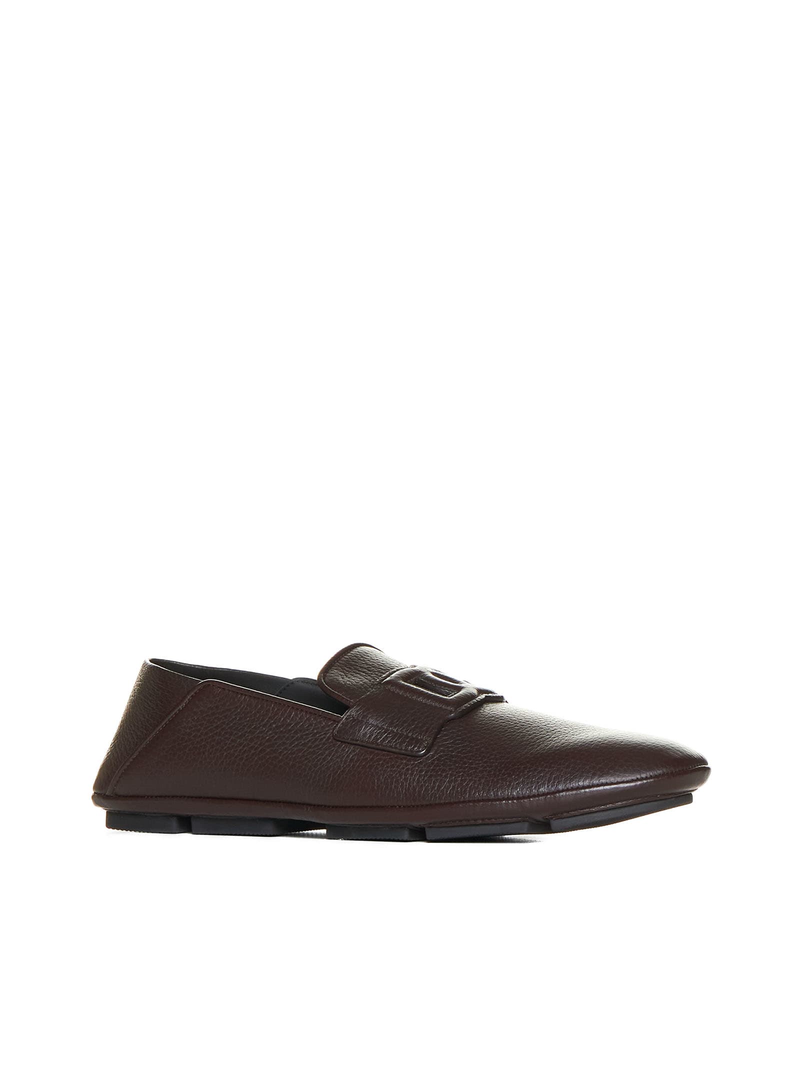 Dolce & Gabbana Leather Loafers With Round Toe And Textured Finish In Moro