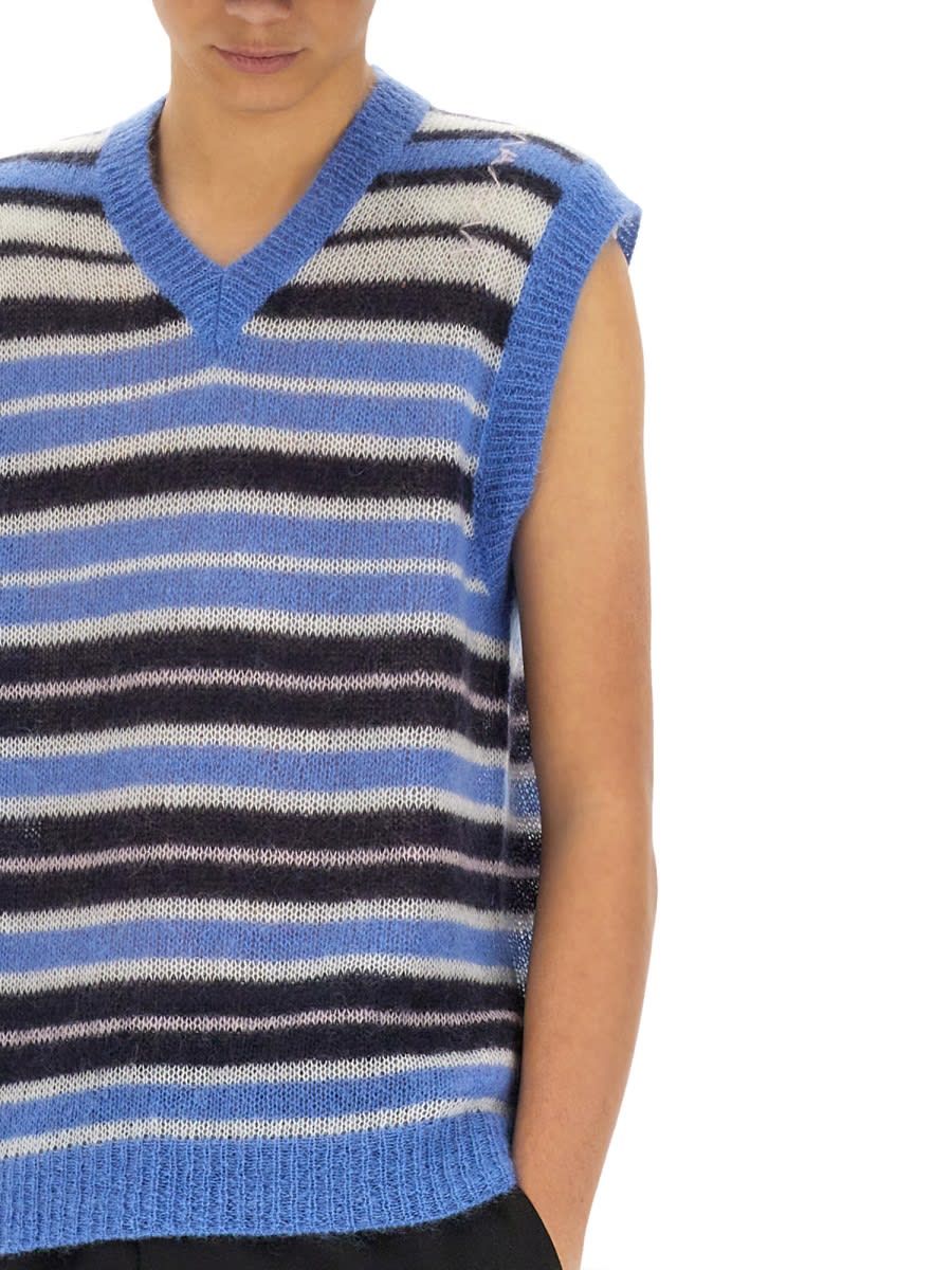 Marni Mens Striped-print V-neck Relaxed-fit Wool-blend Vest Blue Lilac In Multicolour