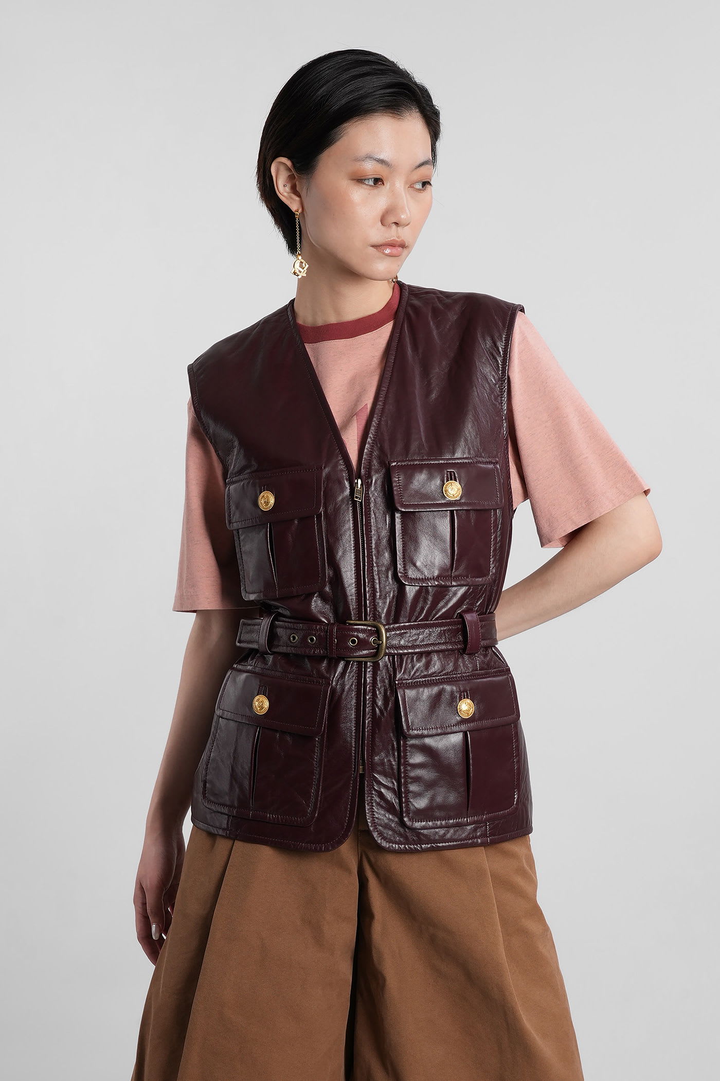 Chloé Leather Belted Waist Sleeveless Jacket In Brown