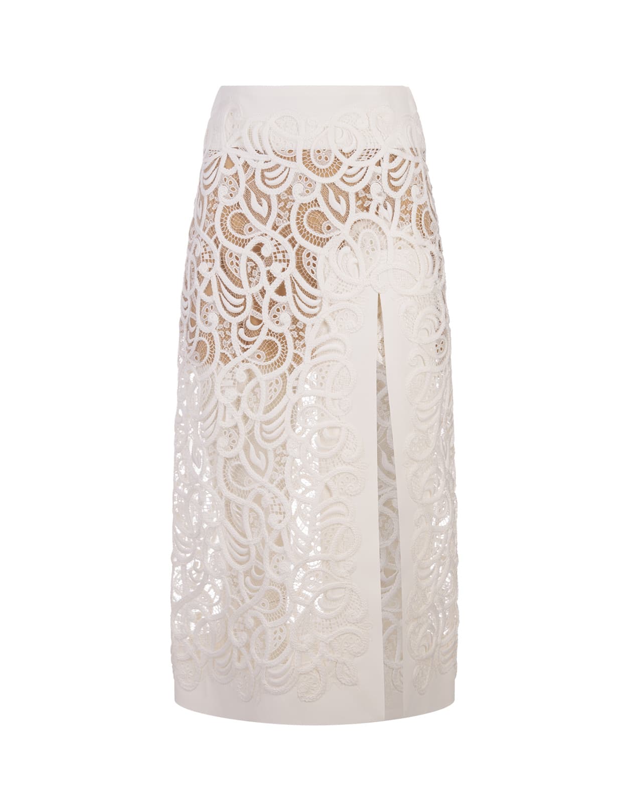 White Embroidered Midi Skirt With Slit