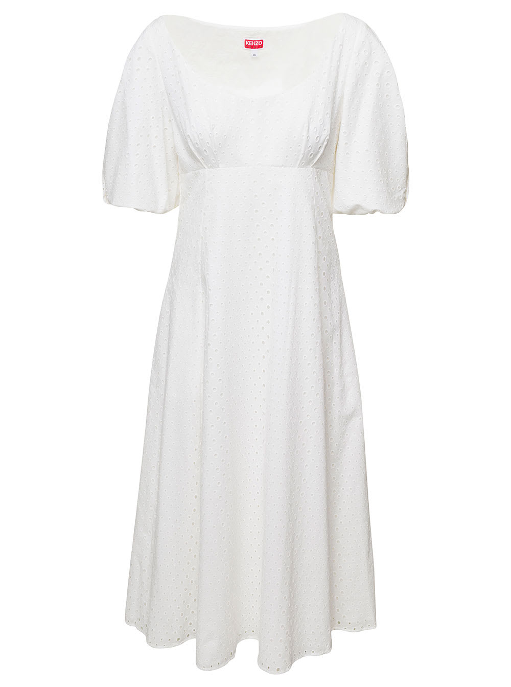 KENZO WHITE PUFF SLEEVE EMBROIDERED MIDI DRESS IN COTTON WOMAN