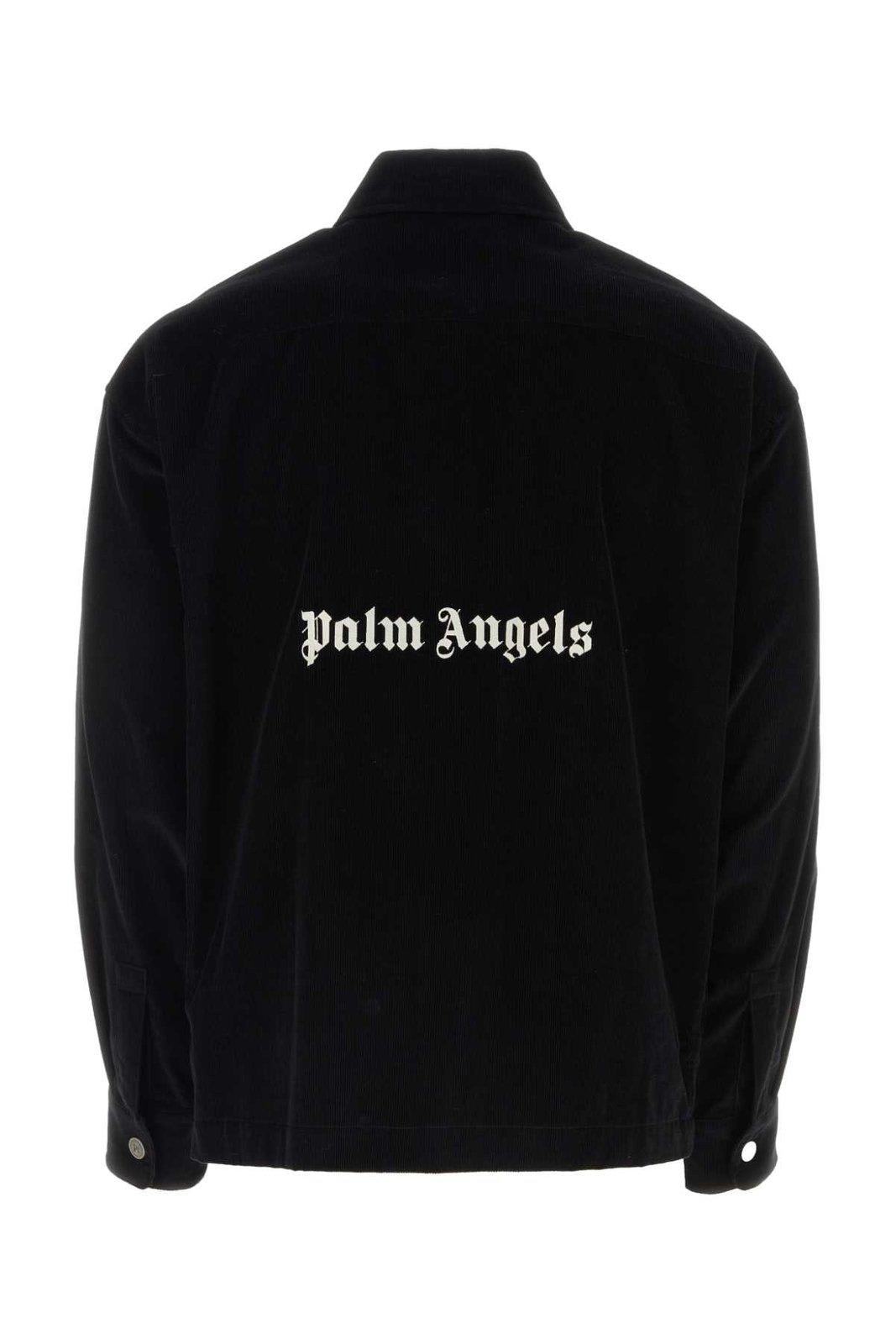 Shop Palm Angels Logo-printed Straight Hem Velvet Overshirt In Black Off White