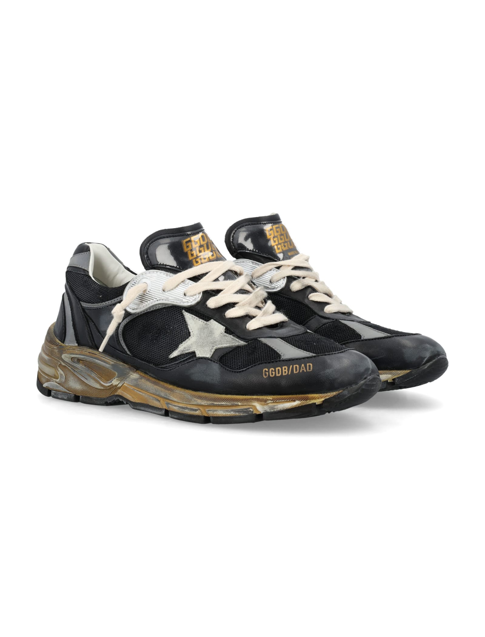 Golden Goose Running Dad Net And Nappa Upper Suede Star Shoes In Black/silver/ice
