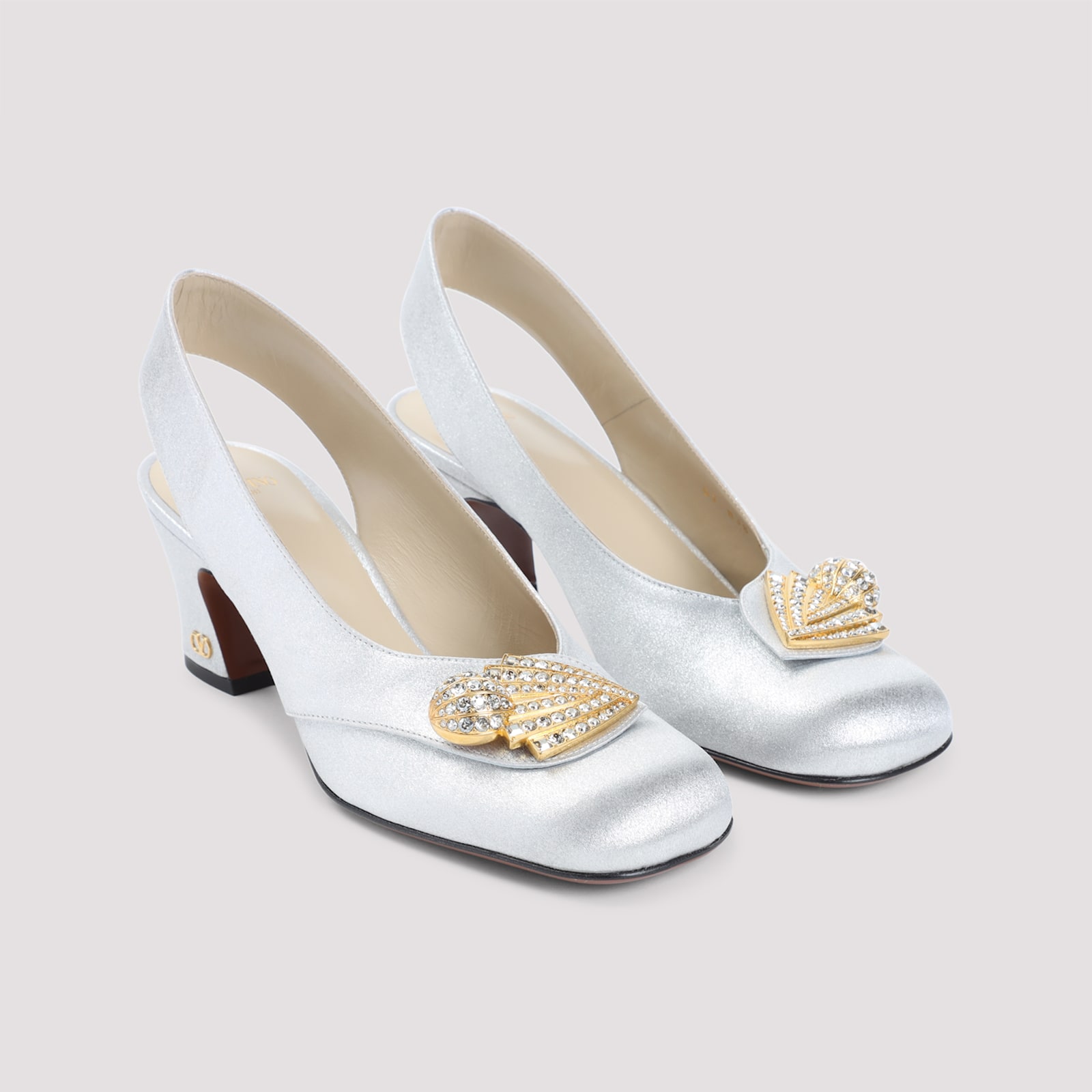 Valentino Block Heel Embellished Slingback Square Toe Pumps In Silver