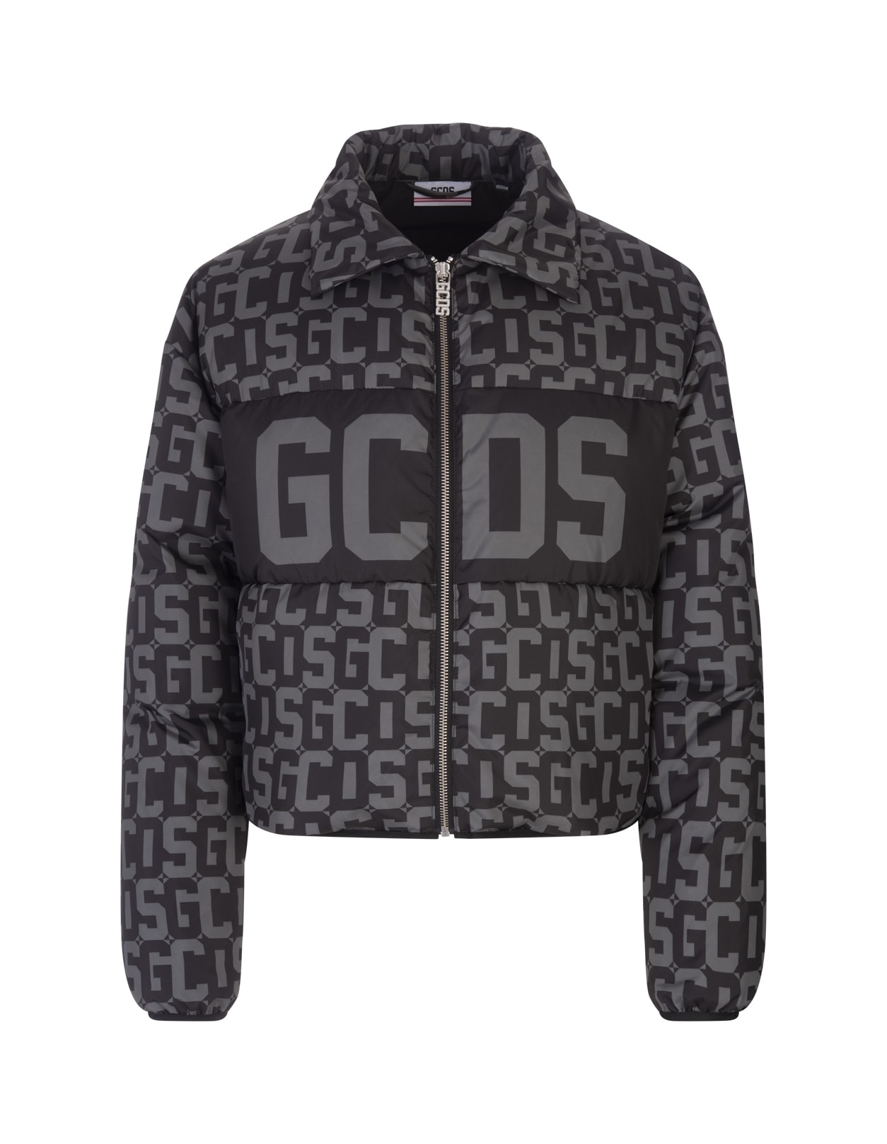 GCDS Woman Black Crop Down Jacket With Monogram Pattern And Logo Band