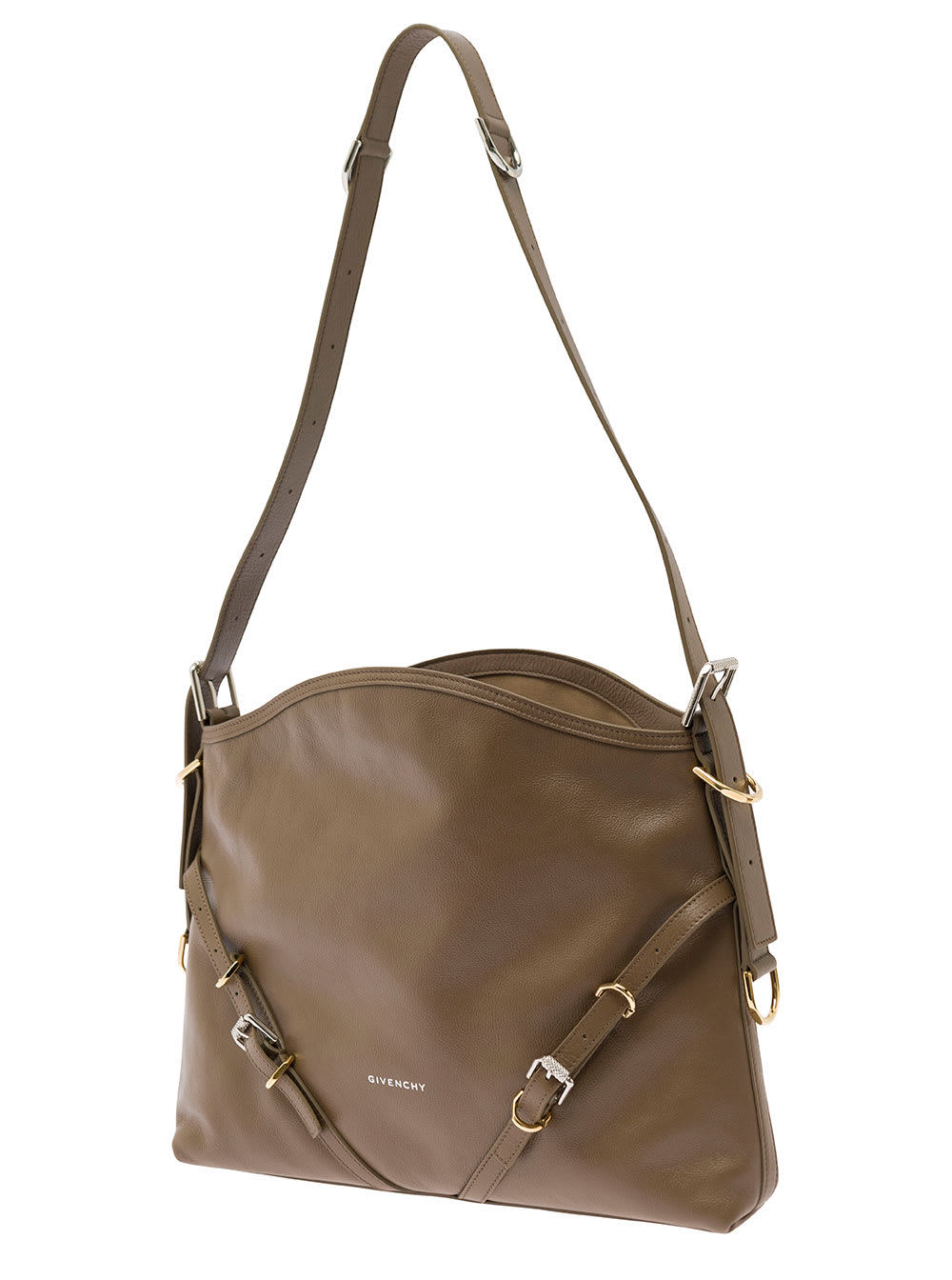 Shop Givenchy Voyou Brown Shoulder Bag With Embossed Logo In Smooth Leather Woman In Beige