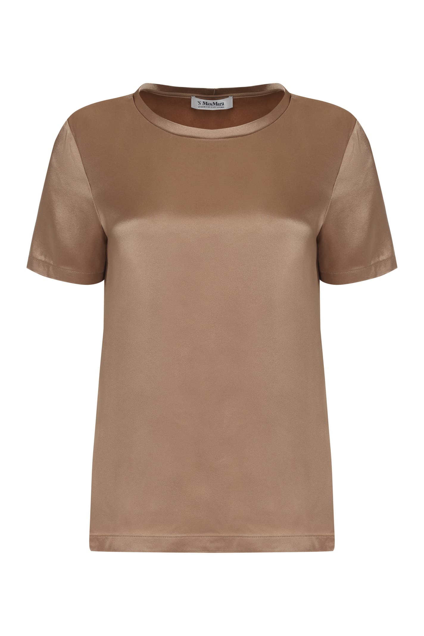 S Max Mara Crew Neck Plain Satin T-shirt In Camel
