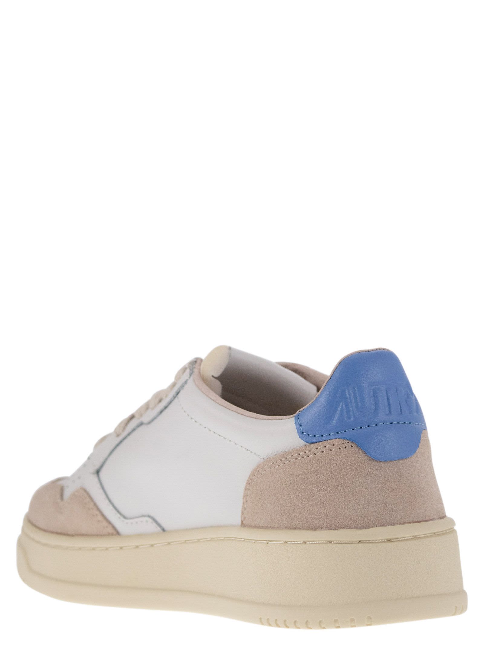 Shop Autry Medalist Low - Leather And Suede Sneakers In White/blue/beige