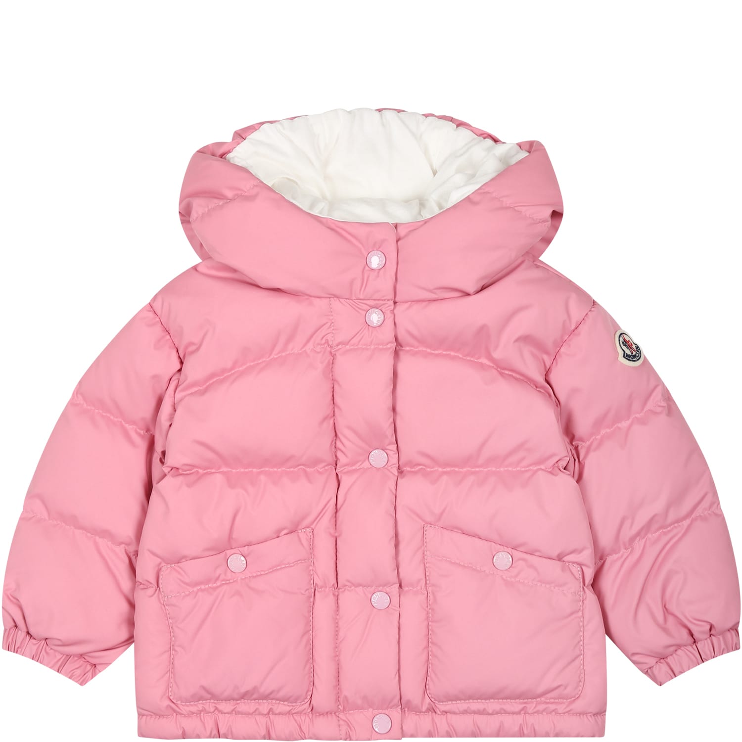 MONCLER PINK EBRE DOWN JACKET FOR BABY GIRL WITH LOGO