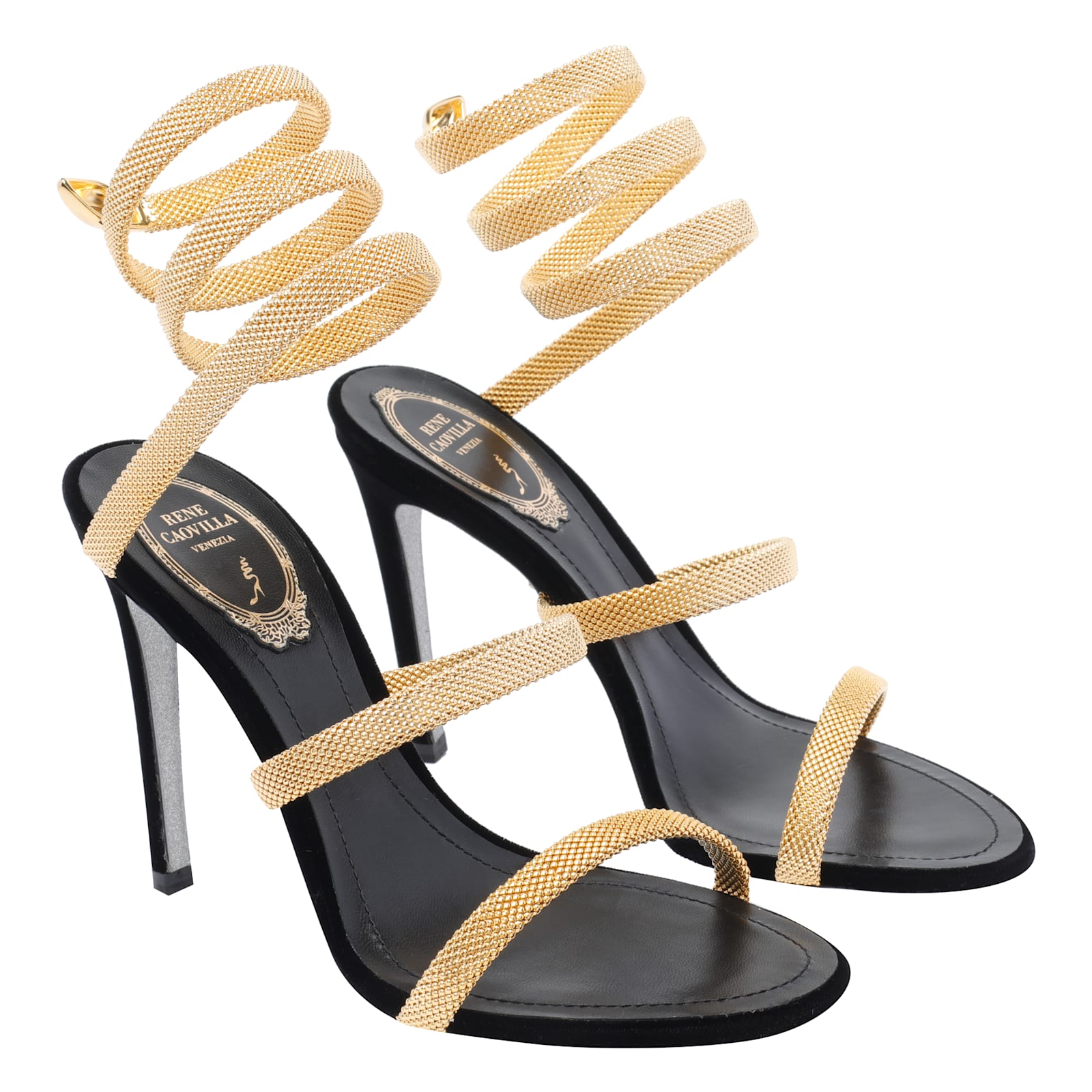 René Caovilla Trigold Cleo Black-gold Sandal 105 In Multi