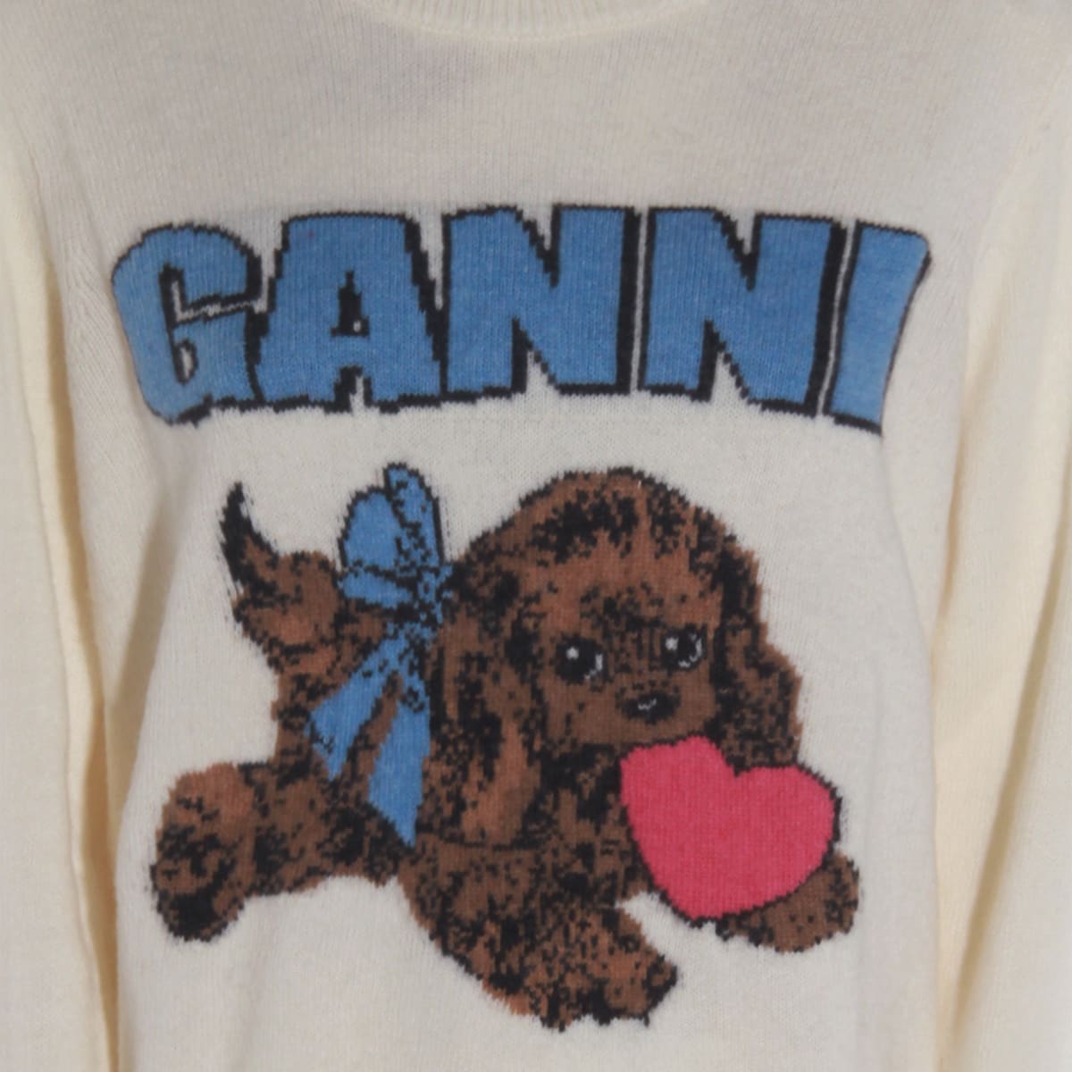 Ganni Sweater In Cream Wool With Dog Pattern In White