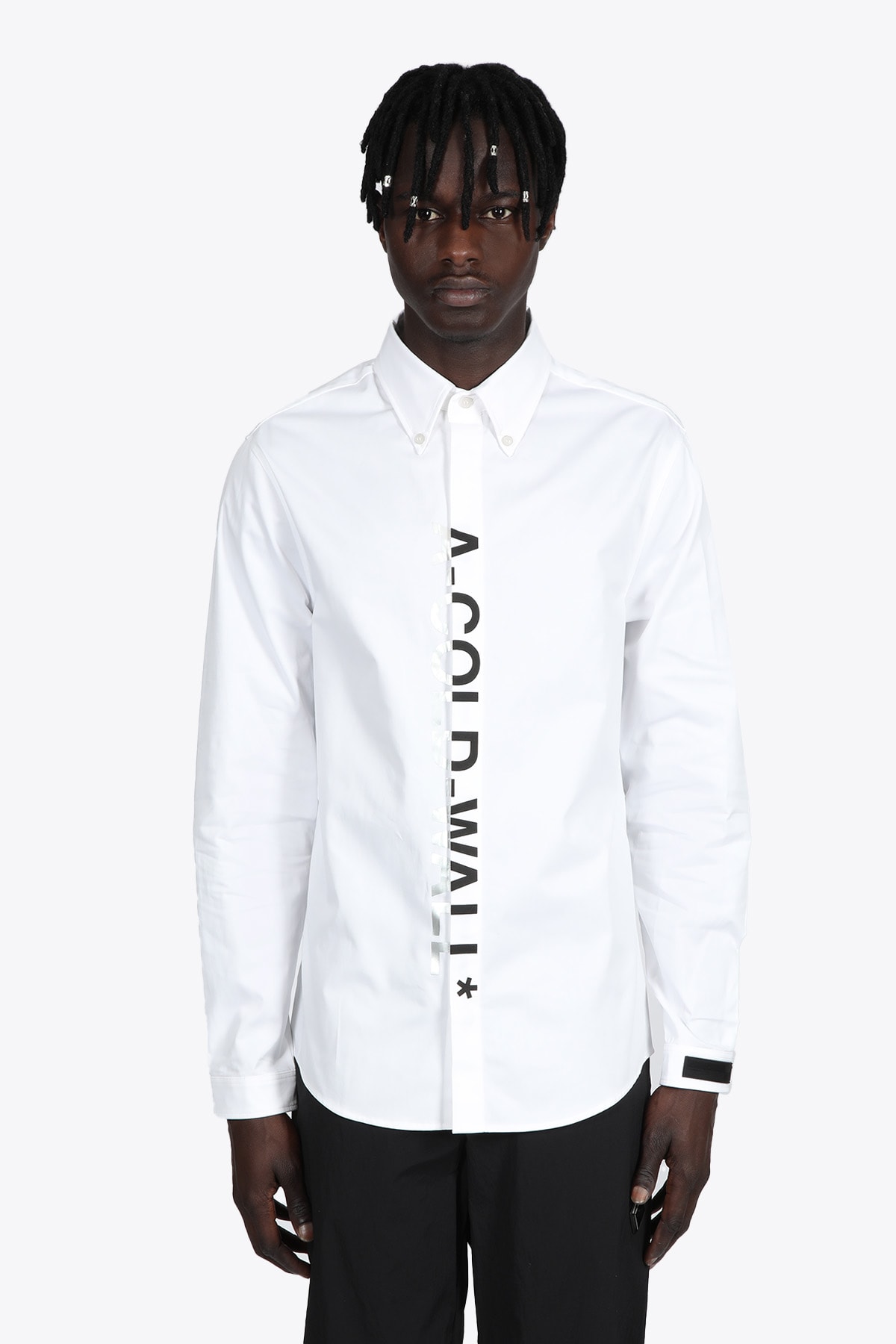 A-COLD-WALL Woven Split Dialogue Shirt White cotton button down shirt with vertical logo