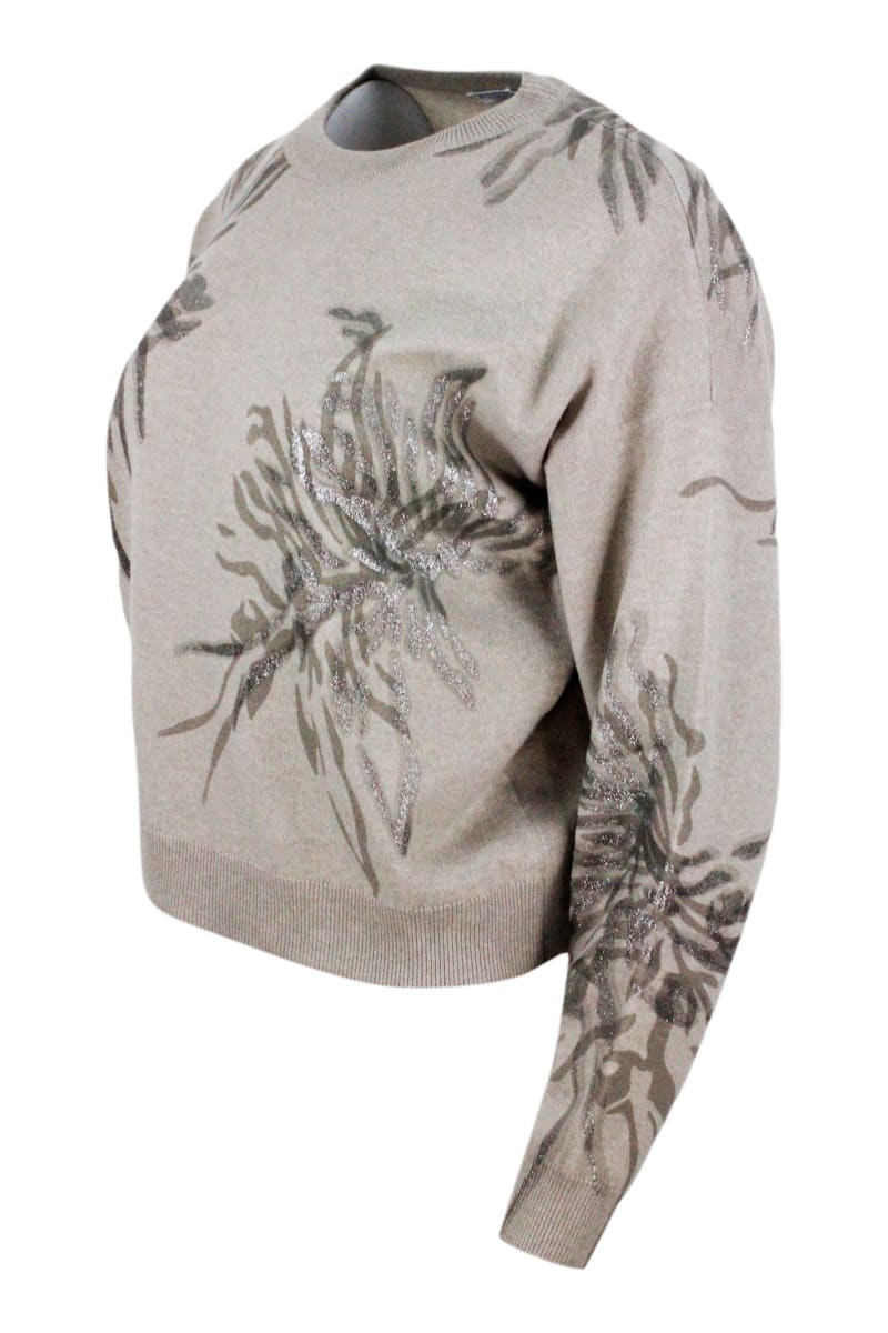Shop Brunello Cucinelli Long-sleeved Round-neck Wool, Silk And Cashmere Sweater With Flower Print Embellished With Lurex In Nut
